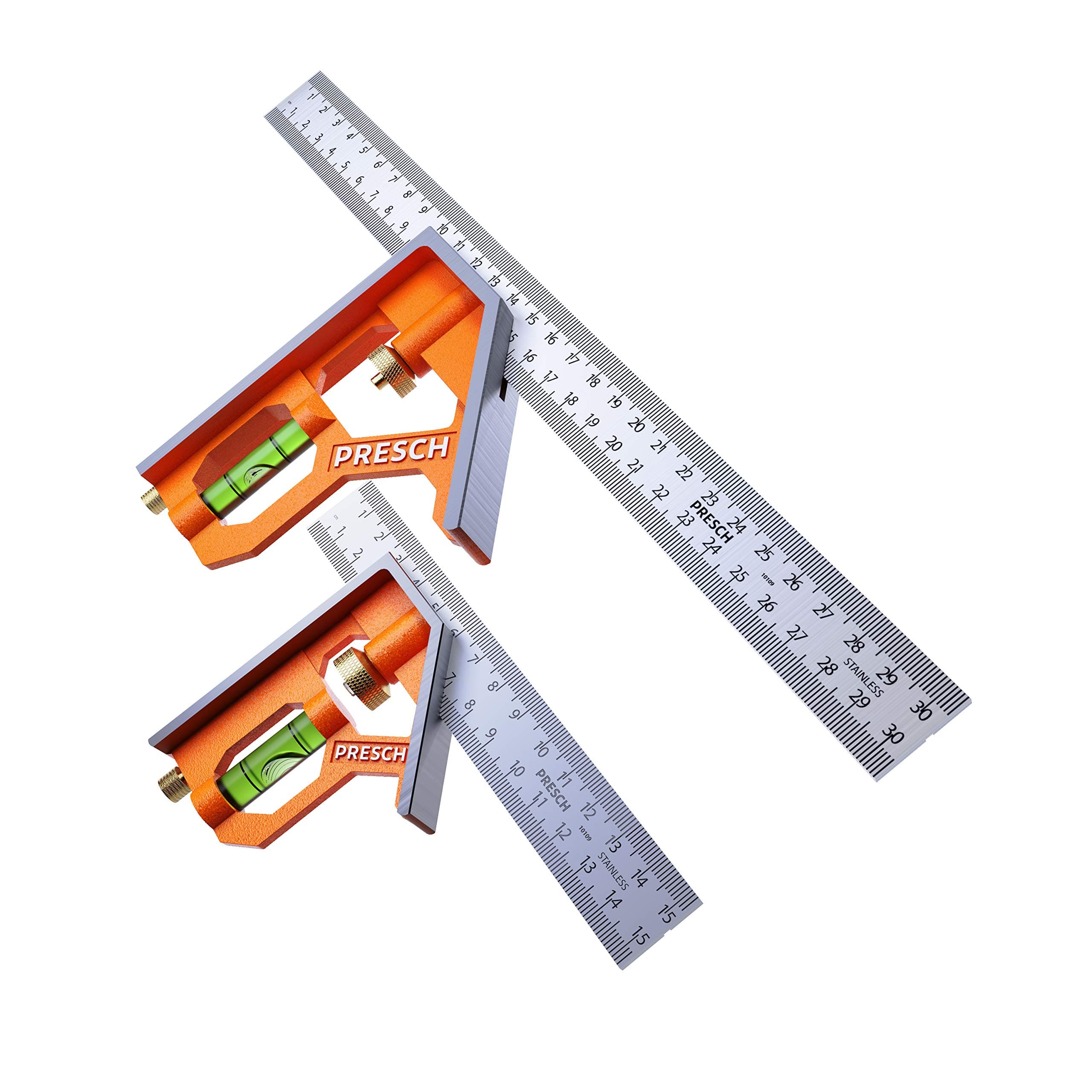 Presch Combination Square Set - 150mm & 300mm Metric - Two Accurate Metal Carpenters Tools with Ruler - Precisely finished Measuring Tool – Try Squares