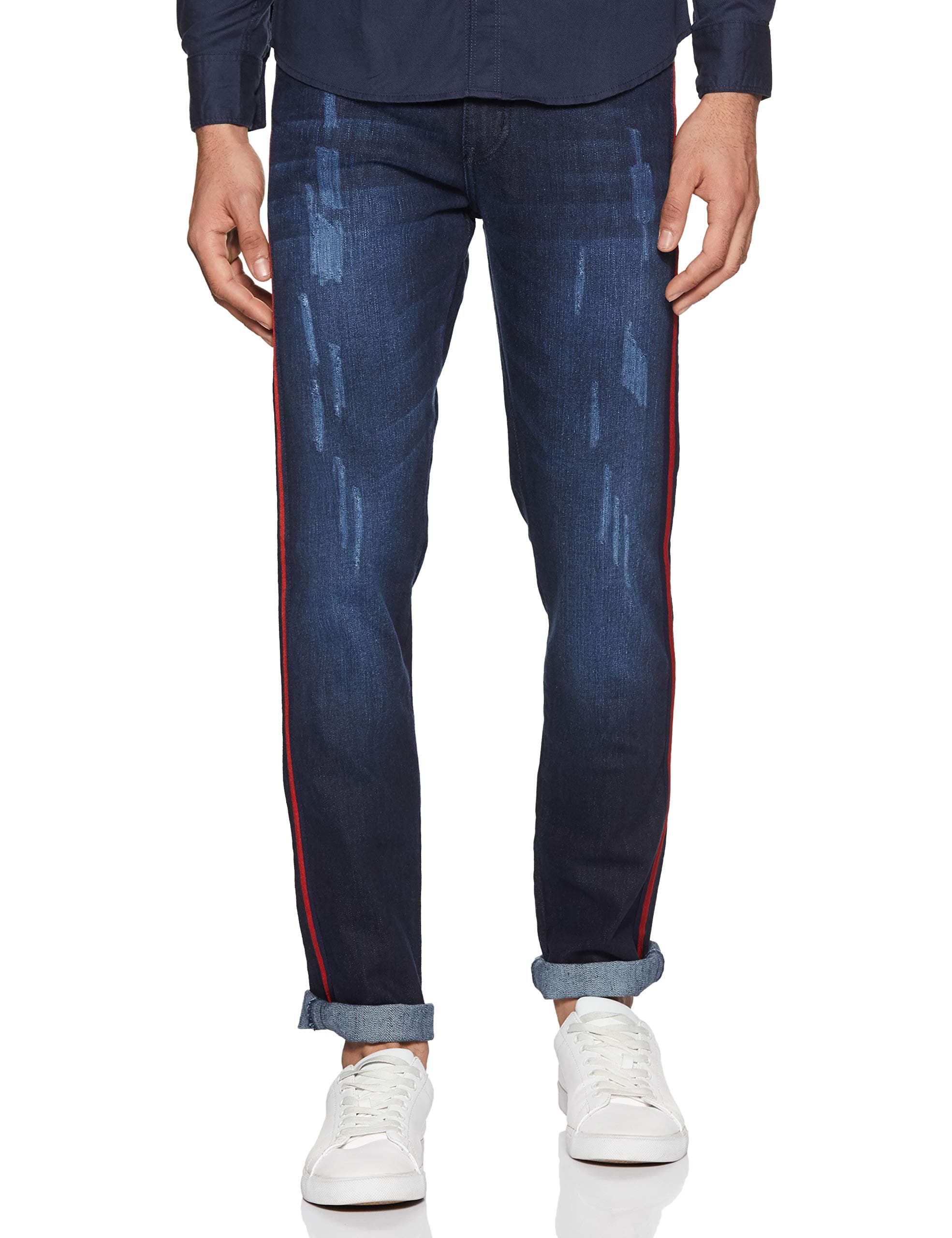 Men’s Classic Blue Dark-Washed Distressed Side Striped Regular Fit Denim Jeans | Mid-Rise Stretchable Cotton Denim Jeans Crafted with Comfort Fit & High Performance for Everyday Wear