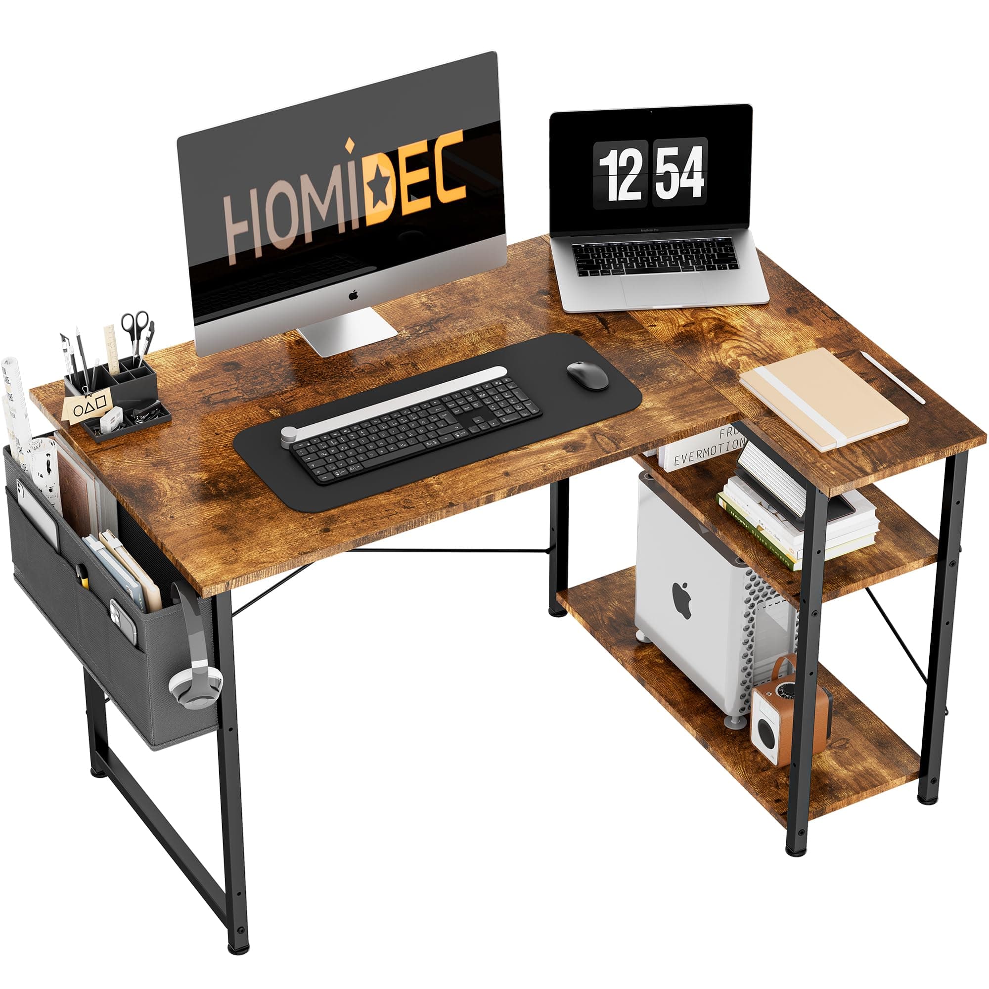HOMIDEC L Shaped Desk 100CM Computer Desk Study Office Table GamingDesk Writing Table With Bookshelf Reversible Corner Table For Home Office Studio Workstation