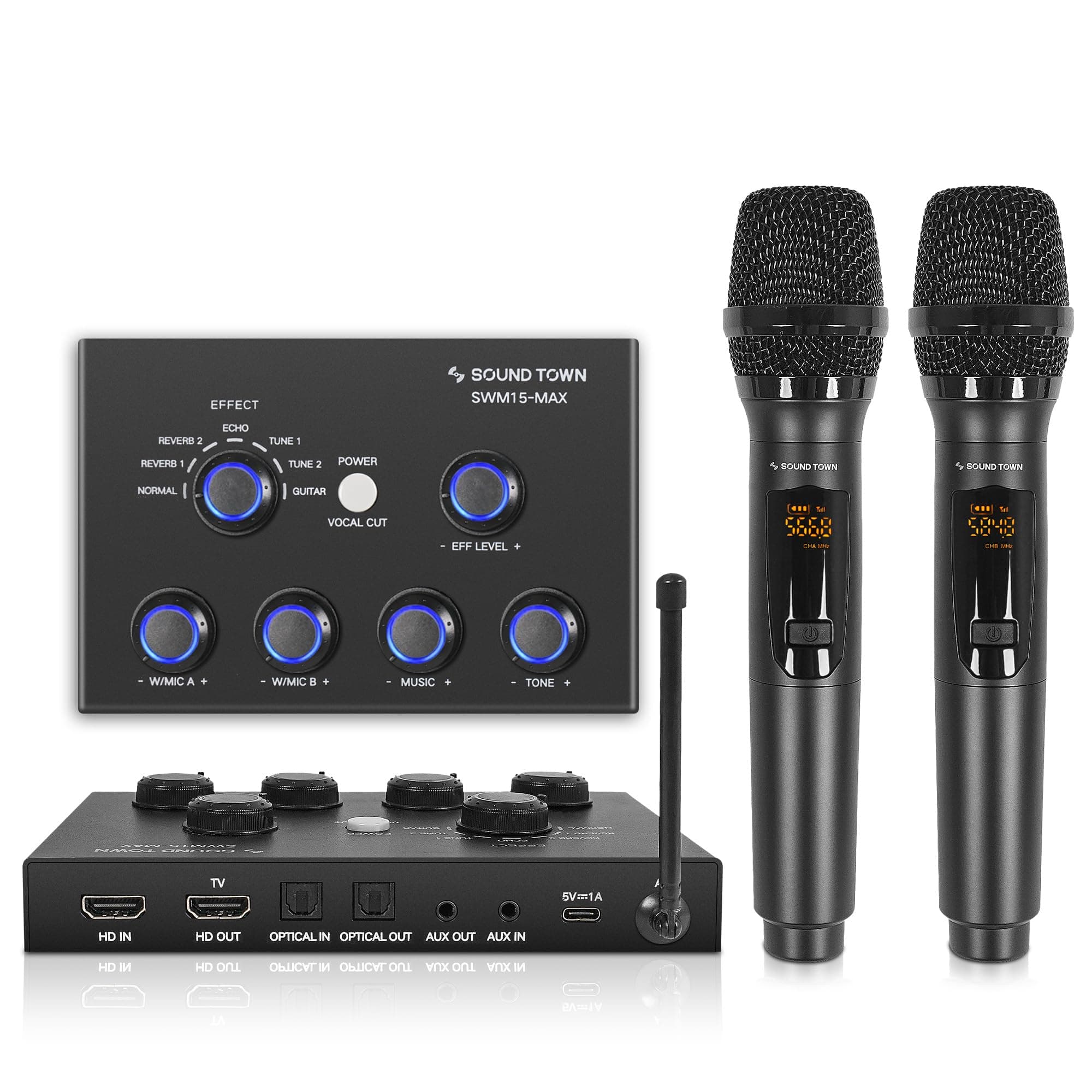 Sound Town 16 Channels Wireless Microphone Karaoke Mixer System w/ 2 Wireless Mics, HD ARC, Optical (Toslink), AUX, Supports Smart TV, Media Box, PC, Bluetooth, Soundbar, Receiver (SWM15-MAX)