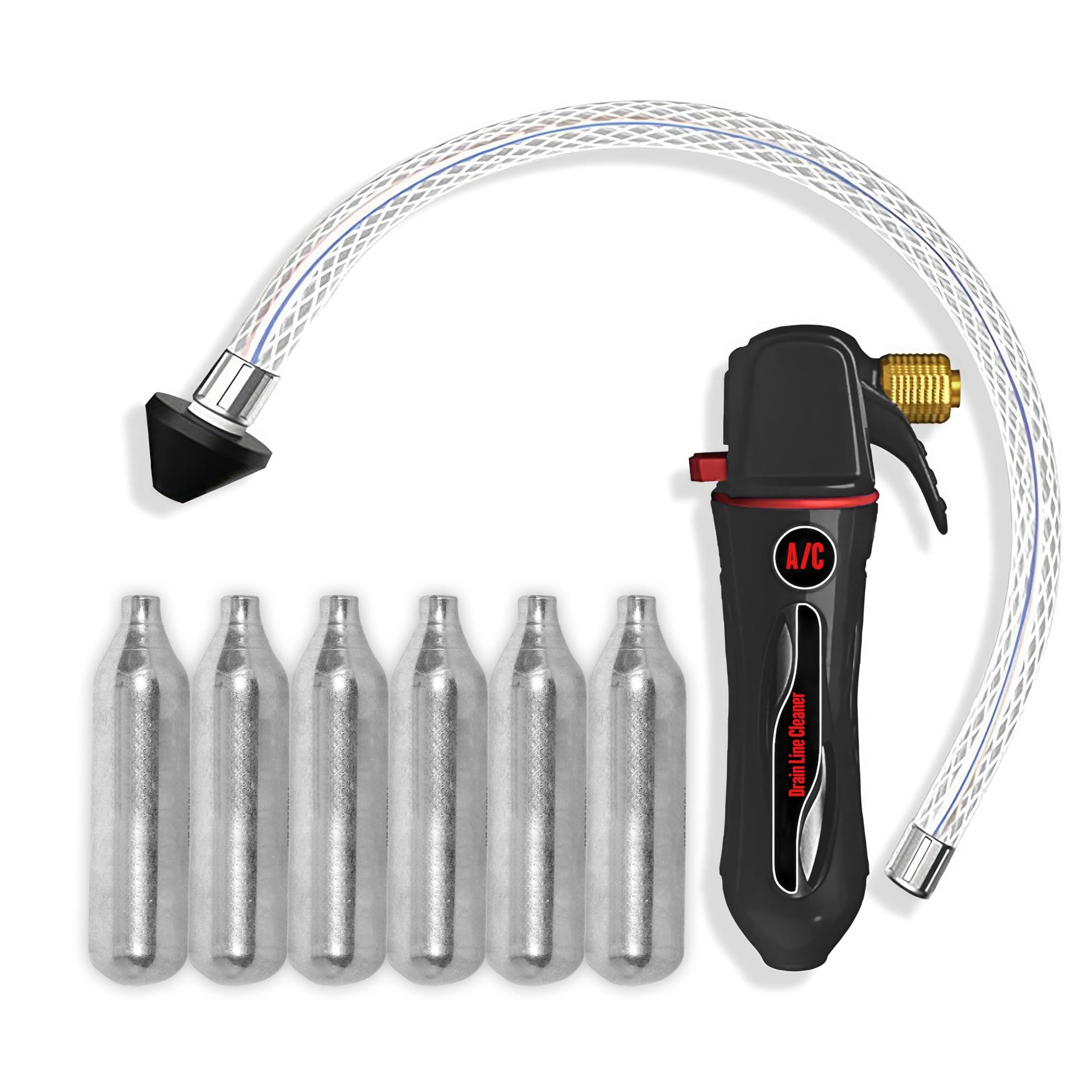 BRODYS Drain Device - AC Drain Line Cleaner Device, with a flexible hose to Clear all HVAC Clogs, (Comes with 6 Unthreaded CO2 Cartridges, AC Cleaner Blaster Opener Kit