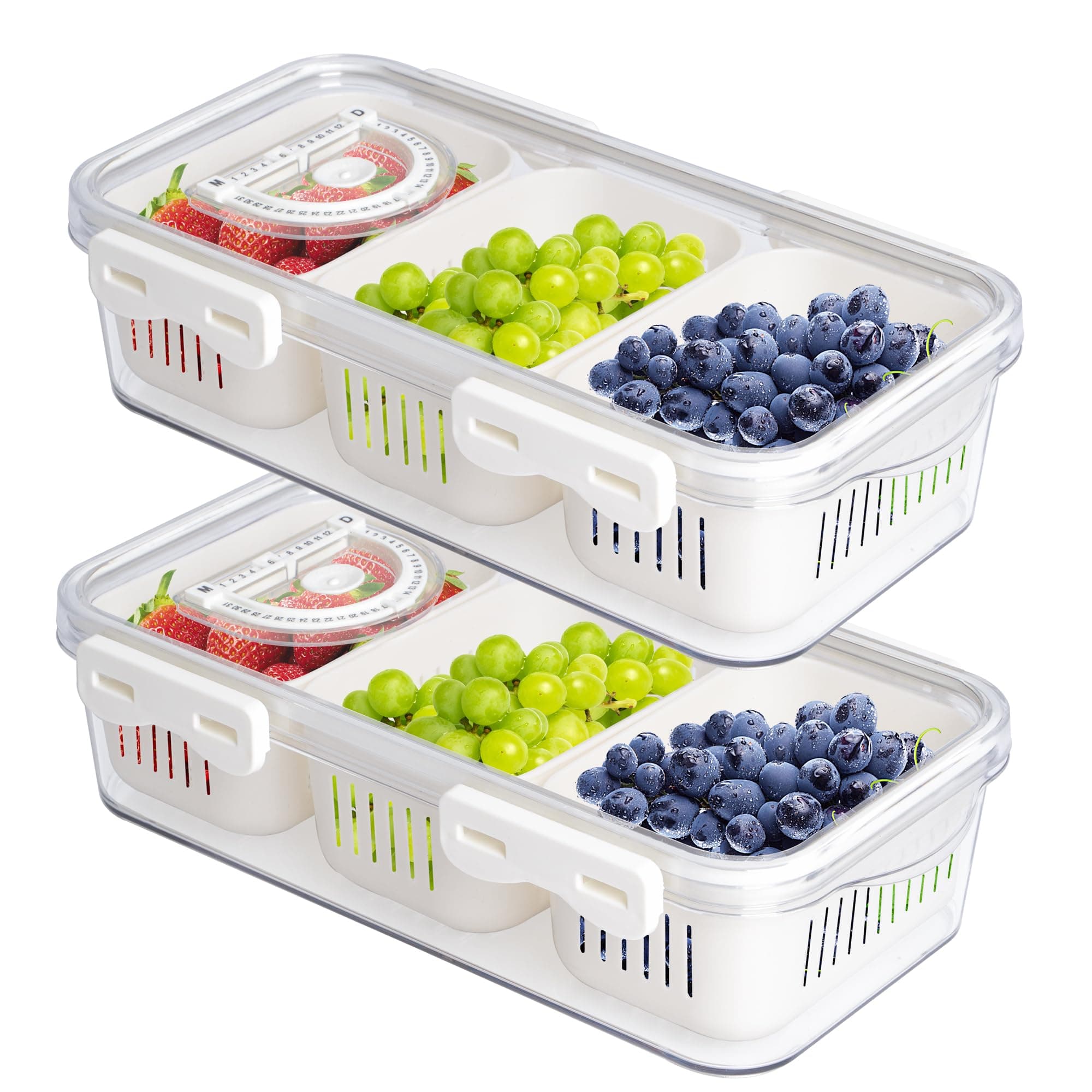 MineSign Food Storage Container Set, 2Pack Divided Snackle Box with Handle, Stackable Fridge Organizer, Fruit&Veggie Storage Container with 6 Removable Dividers, Maintains Freshness