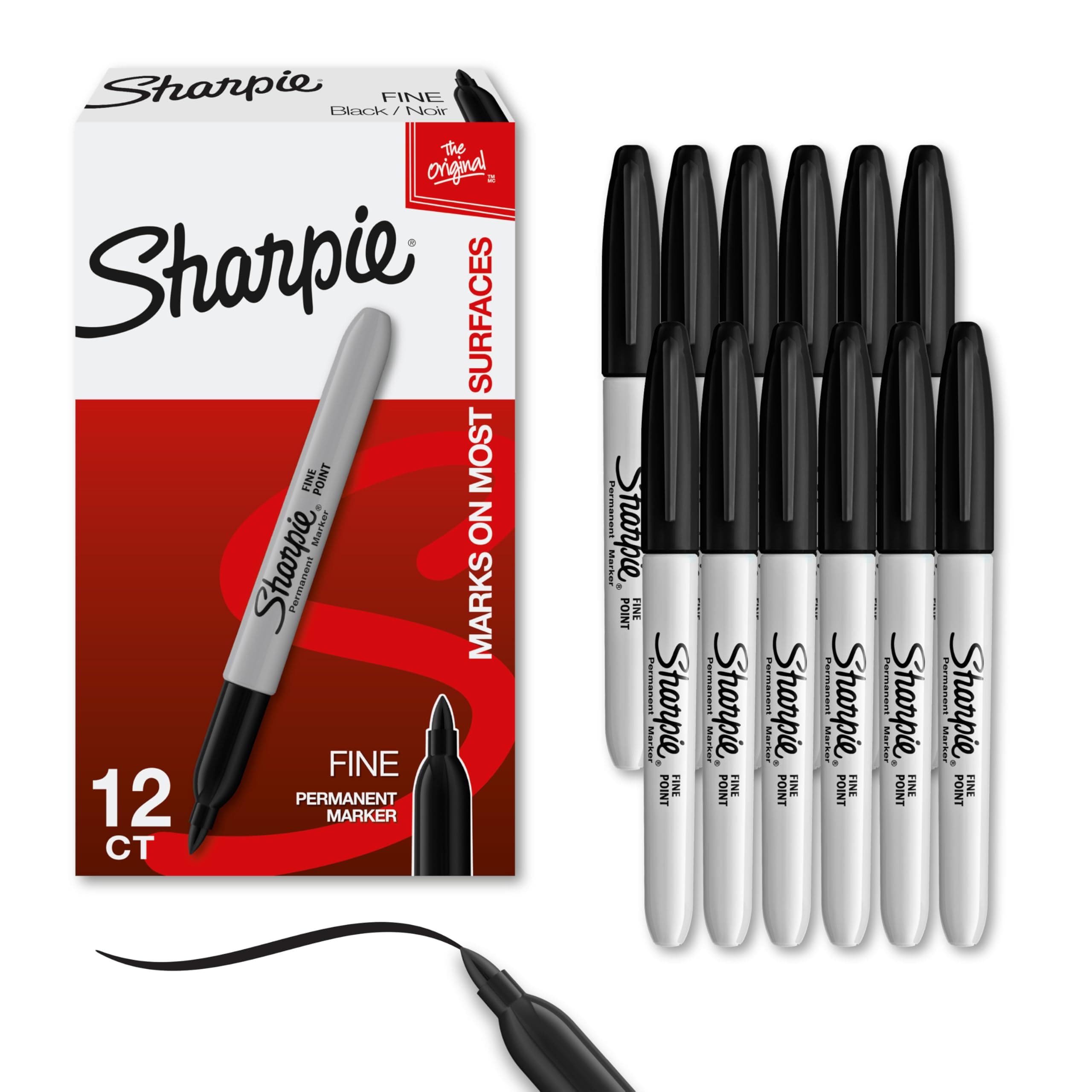 Permanent Markers, Fine Point, Black, 12-Count