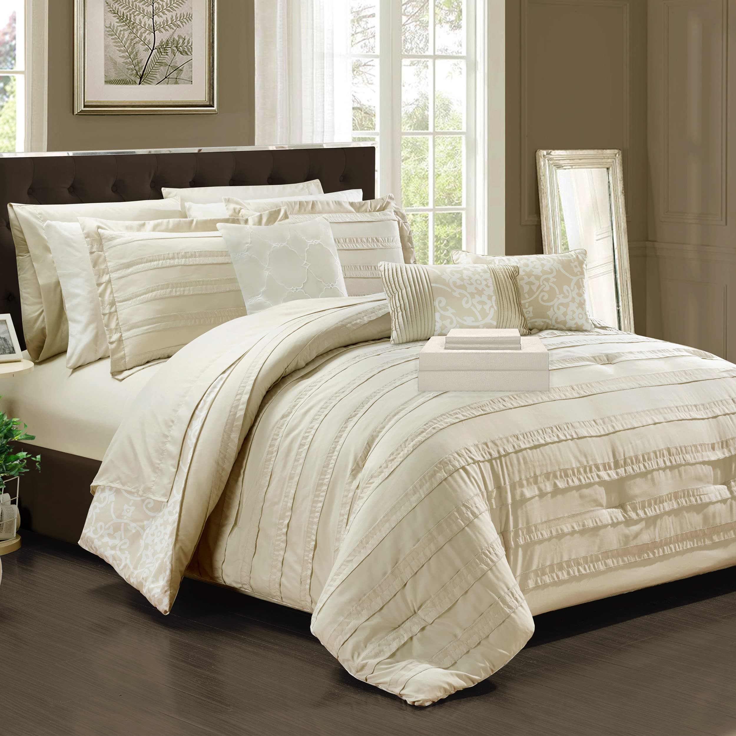 CS2429-AN Lea 10 Piece Reversible Comforter Bed in A Bag Ruffled Pinch Pleat Motif Pattern Print Complete Bedding Set - Sheets Decorative Pillows Shams Included, Queen, Beige