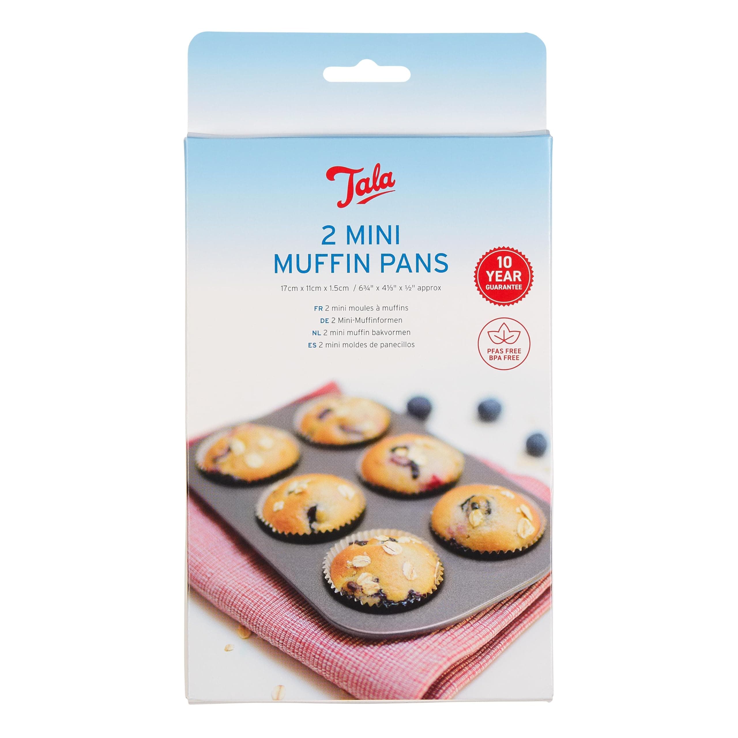 Tala 2 Mini Muffin Tin Non-Stick Baking Tray - Even Heat Muffin Trays for Mini Cupcakes, Snacks & Appetisers - Carbon Steel, Wide Flat Handles, Dishwasher & Freezer Safe, Grey, 17 x 11 x 1.5 cm