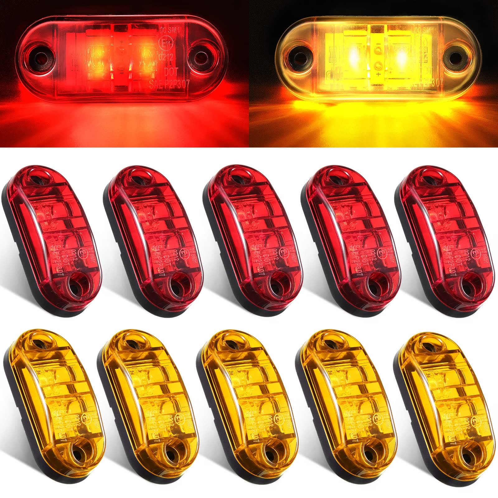 Tallew 10 Pieces 2.5 Inch 2 Diode Waterproof LED Side Marker Light Oval Running Lights for Trailer Truck RV Exterior Accessories (Amber, Red)