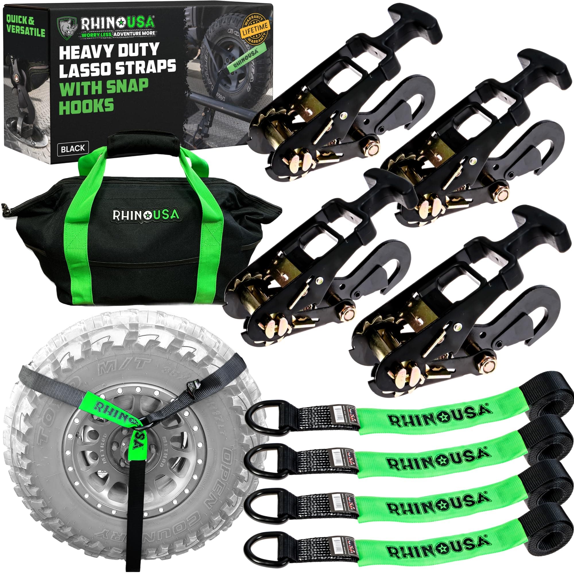 Rhino USA Car Tie Down Straps with Snap Hooks – 4 Pack 2" x8' – 10,000lbs Break Strength – Heavy Duty T-Handle Car Hauler Tire Lasso Wheel Straps for Trailers, UTV & Powersports – Black