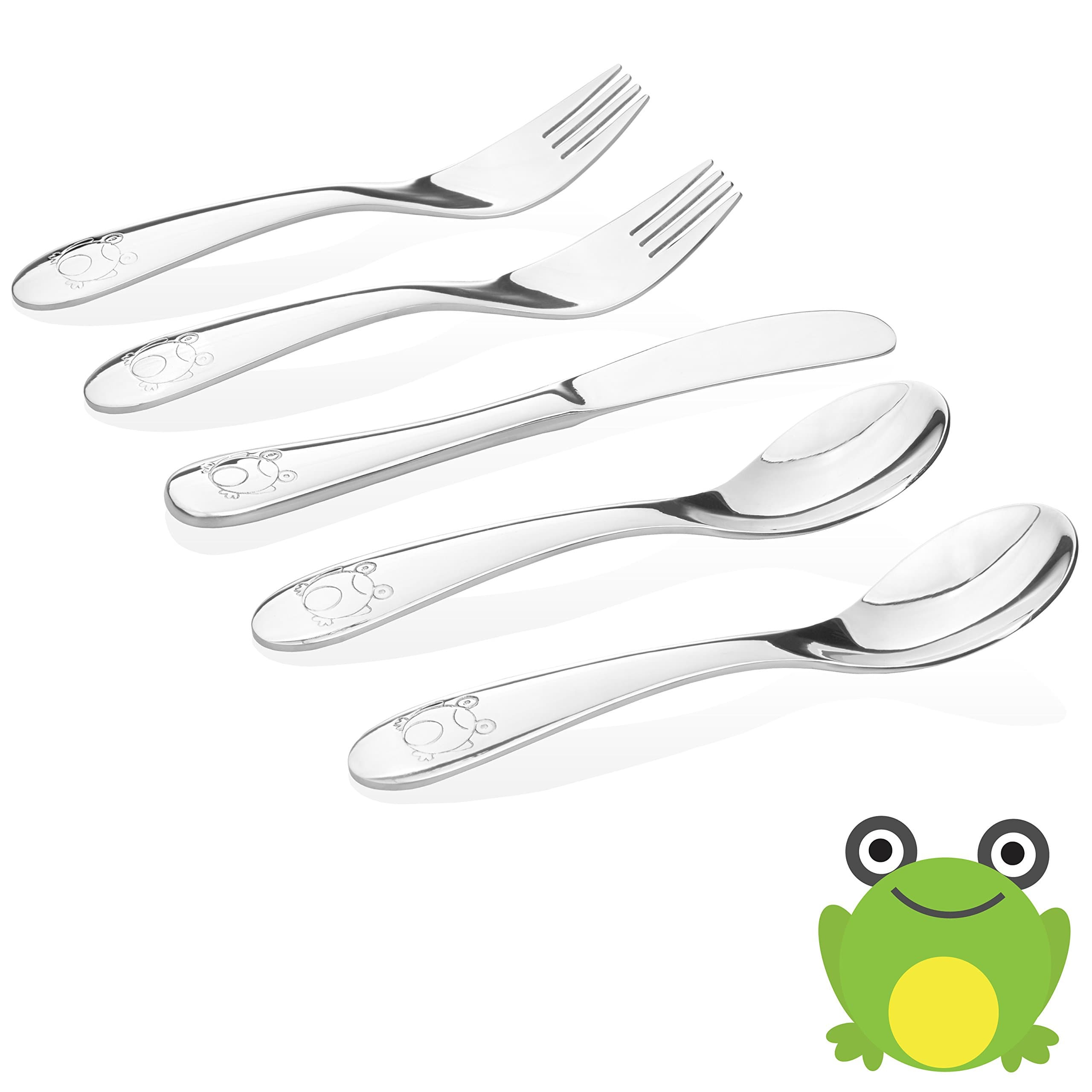 Kids Stainless Steel Utensil Set | Premium #304 (18/8) | Adorable Frog Design | 5-piece Set: 2 Spoons, 2 Forks, & 1 Butter Knife | Safe & Durable for Toddlers and Children | by Kiddobloom