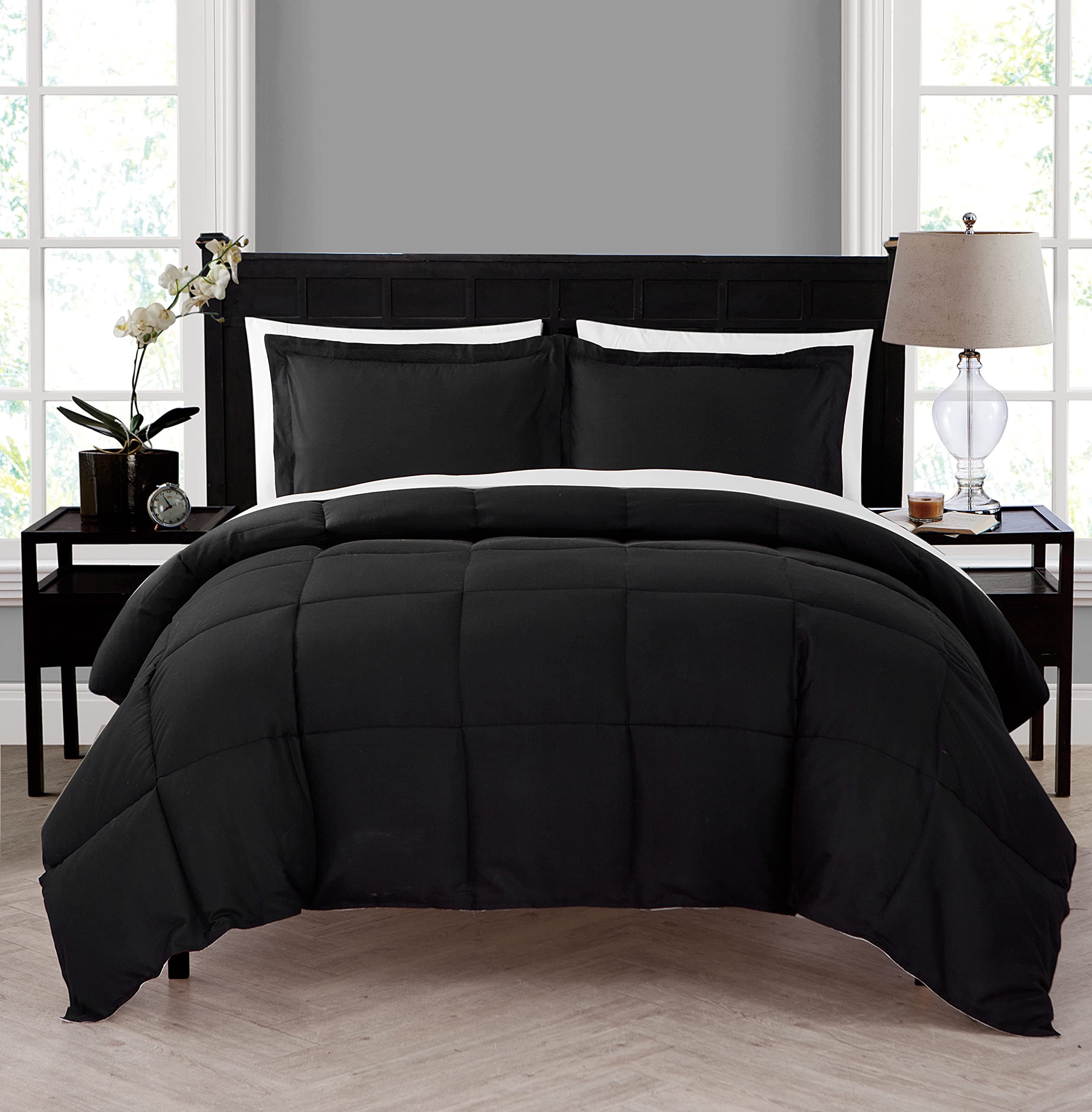 VCNY Home | Lincoln Collection | Ultra Soft Solid Reversible Down Alternative Comforter, Cozy and Comfortable Premium 7 Piece Bedding Set, King, Black/White