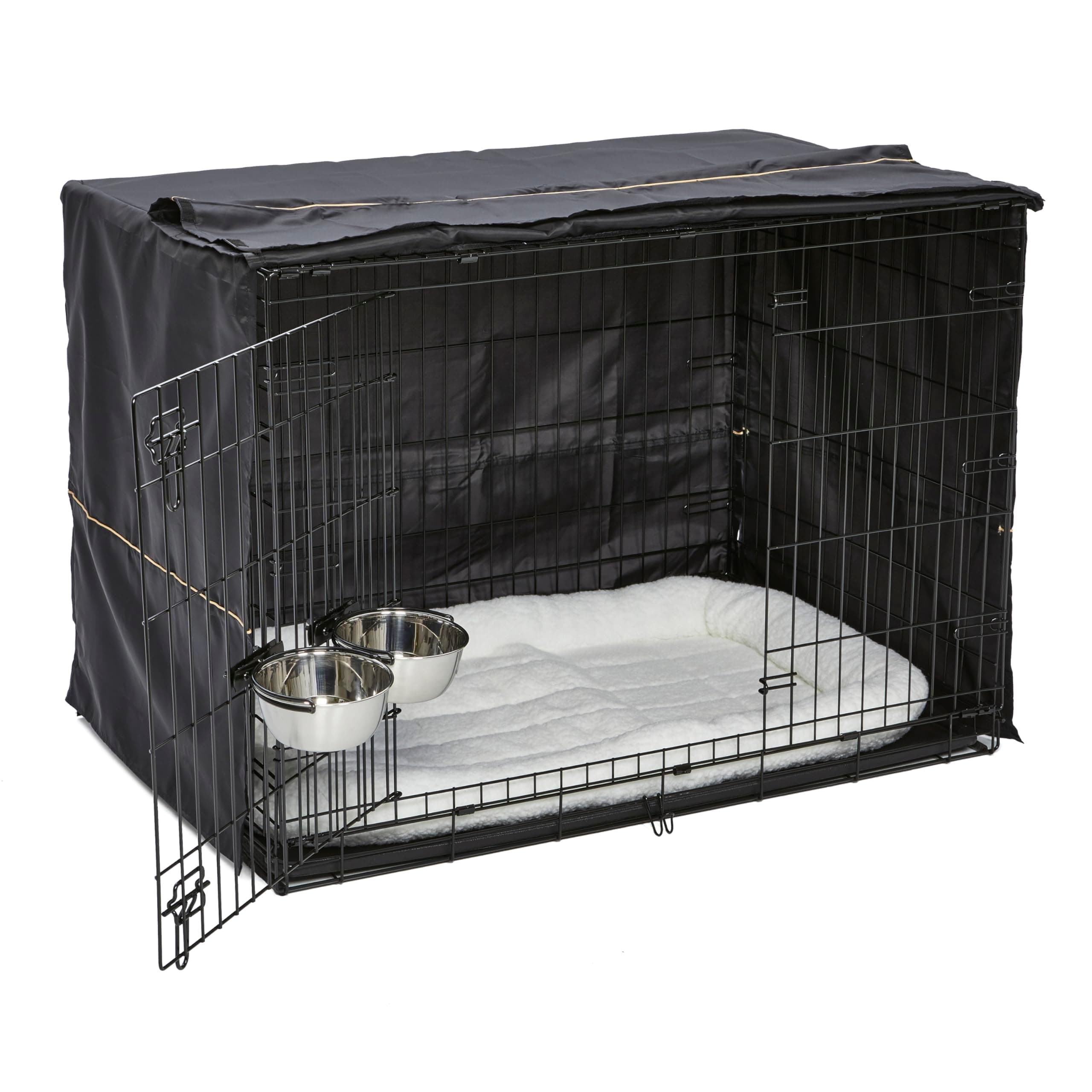 MidWest Homes for Pets Polyester Large Dog Crate Starter Kit|One 2-Door Icrate, Pet Bed, Crate Cover & 2 Pet Bowls|42-Inch Ideal For Large Dog Breeds,Black