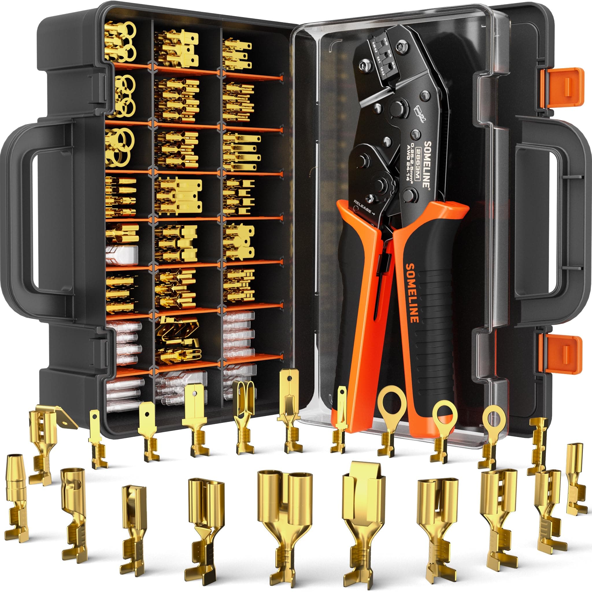 SOMELINE Crimping Tool Set with 24 Sizes Wire Connector Set, Crimp Plier 0.25-2.5mm²(AWG 24-14) Non-Insulated Open Barrel Terminals Wire Splices Brass Spade Connector