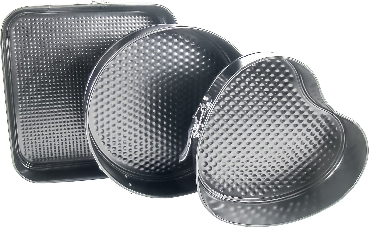 Set of Top Quality Springforms in Various Shapes, Springform Pan Set 3 Piece, Non- Stick, Cake Tin Loose Bottom (Round, Heart, Square Shapes)