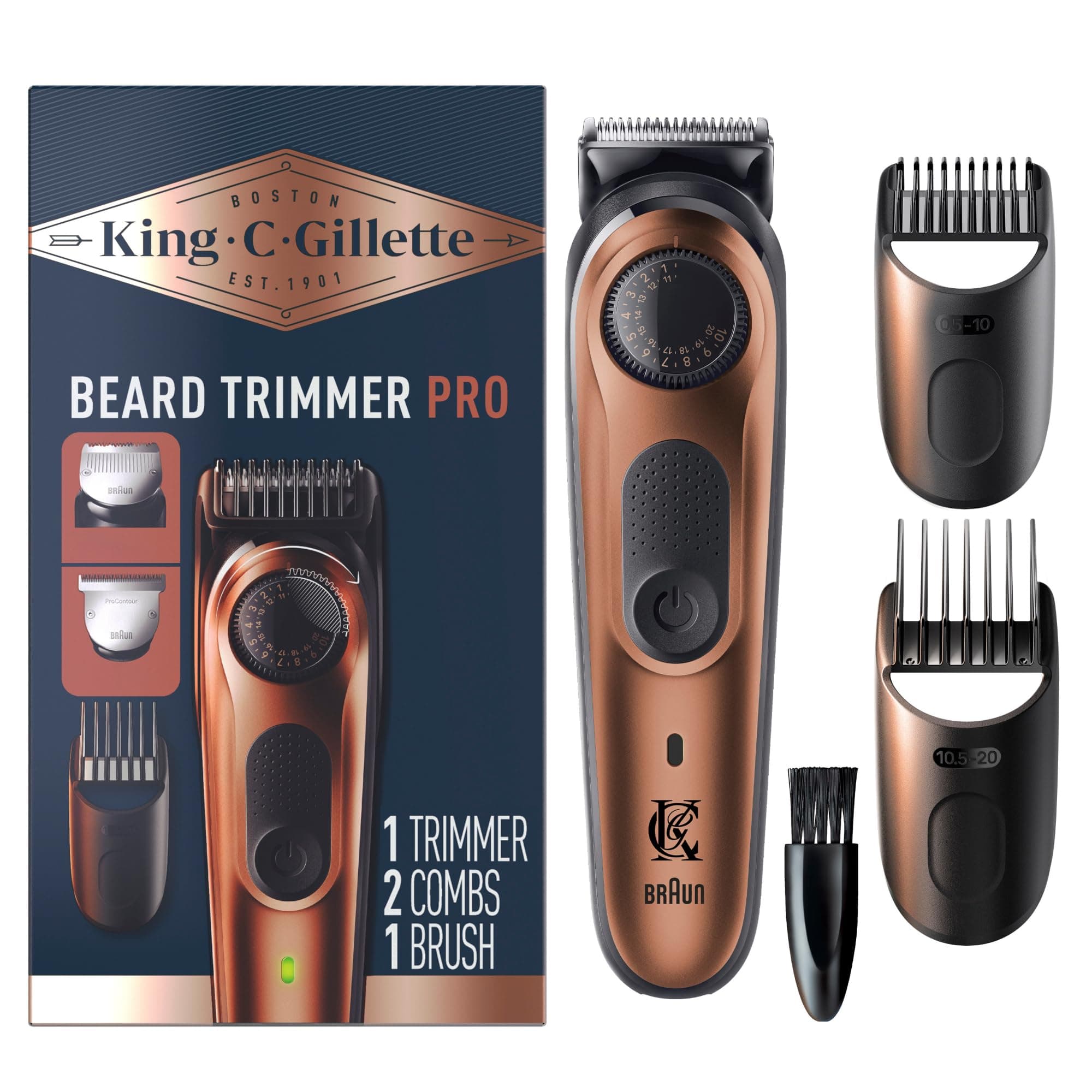 King C. Gillette Beard Trimmer PRO with 40 Beard Length Settings in Precise 0.5mm Steps, Cordless Design & 1 Trimmer, 1 Brush, 2 Combs, 1 Charger and 1 Zip Pouch