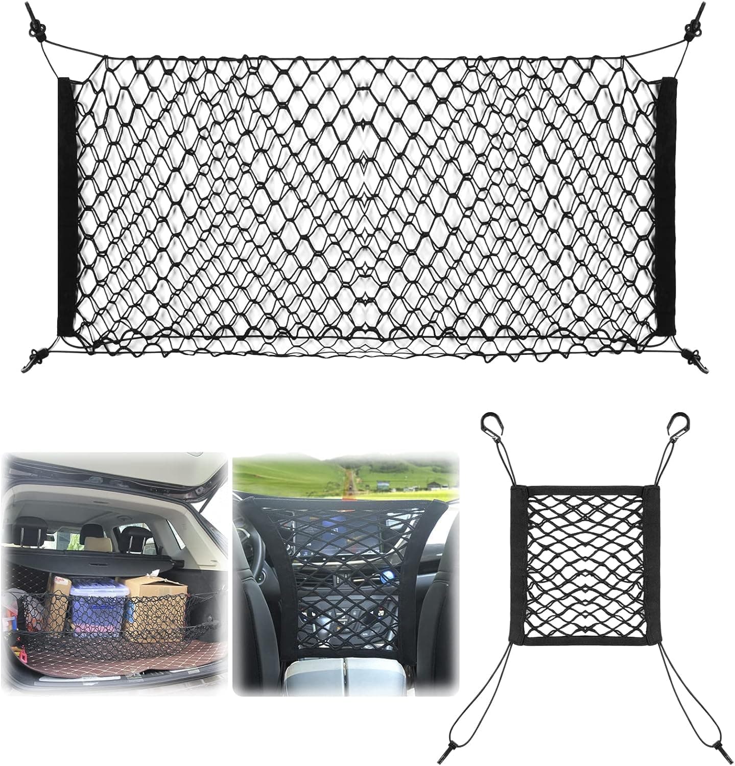 Little World Cargo Net Set, 2 Packs Adjustable Mesh Trunk Net and Elastic Storage Bag Between Seats, Universal Cargo Organizers With Hooks for Pick-Up/Jeep/SUV, Full Black