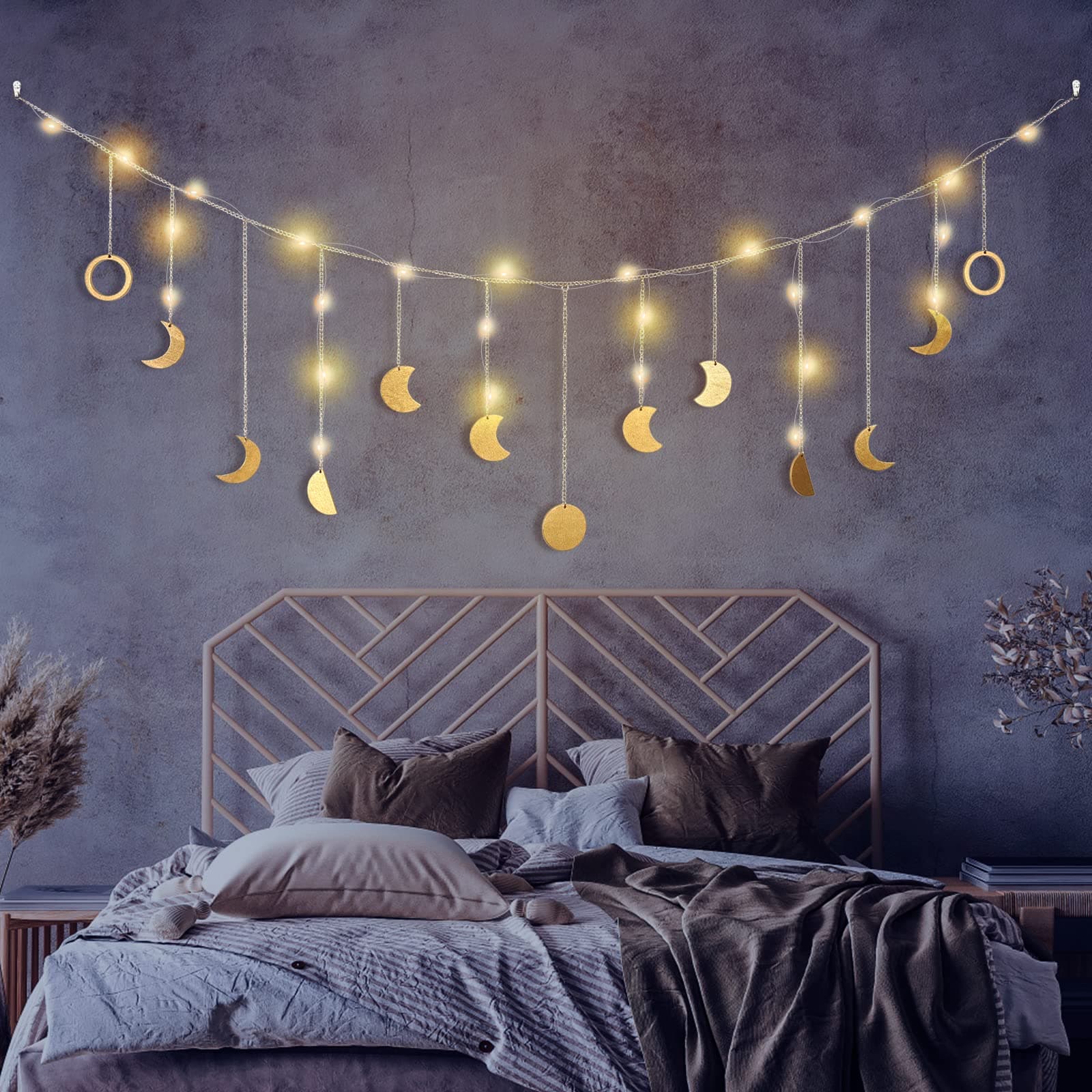 Moon Phase Wall Decor with LED String Light, 13 Gold Wood Boho Wall Hanging Decor Mood Garland 56'' - Celestial Phases Moon Decor in Bohemian Style for Bedroom Home Living Room Valentines Gift