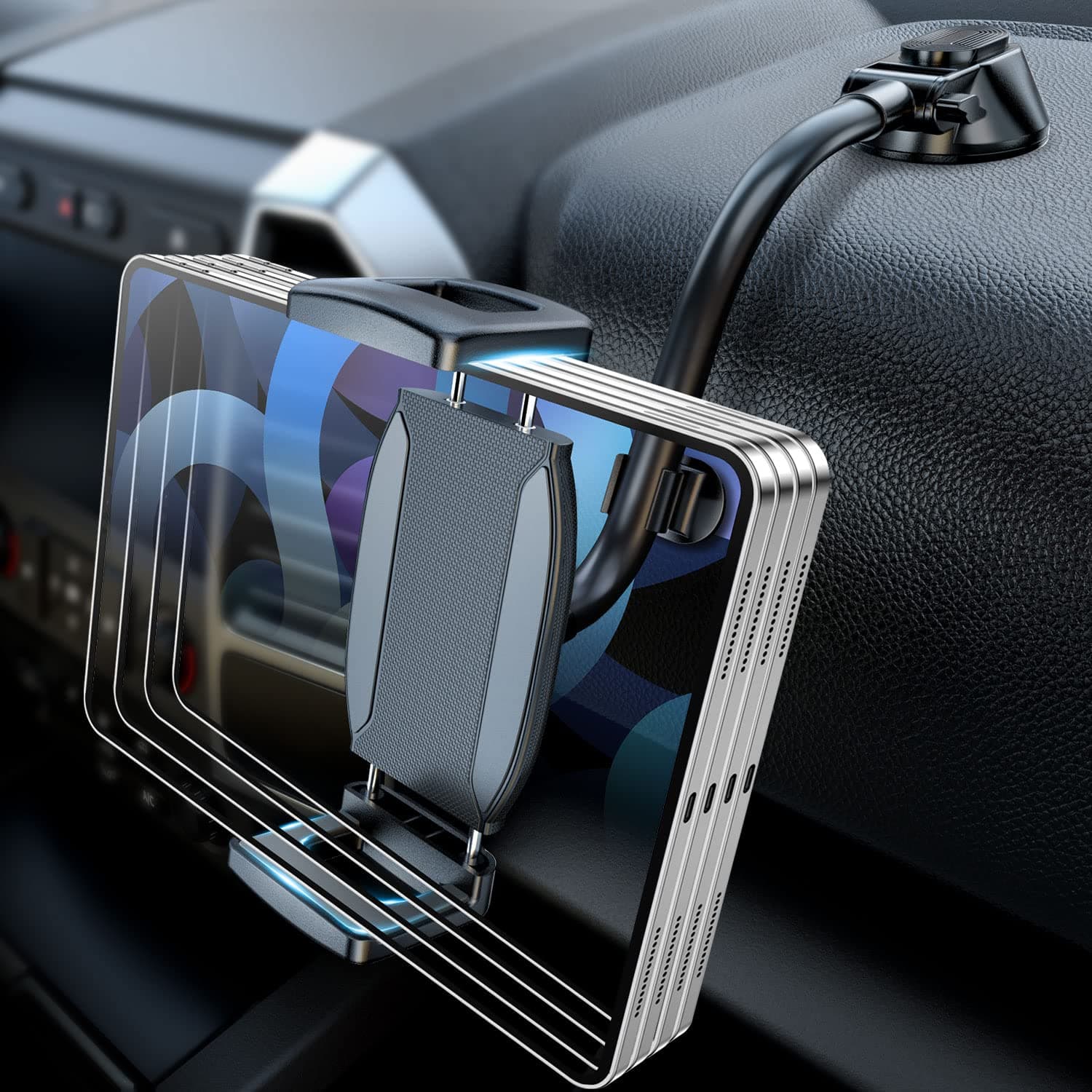 eSamcore Tablet Holder for car, 1.57" Extra Deep Clamp for iPad for Car Dashboard Gooseneck iPad Dash Mount Windshield 360° Rotating Suction Cup Mount for 6"-11" Tablet