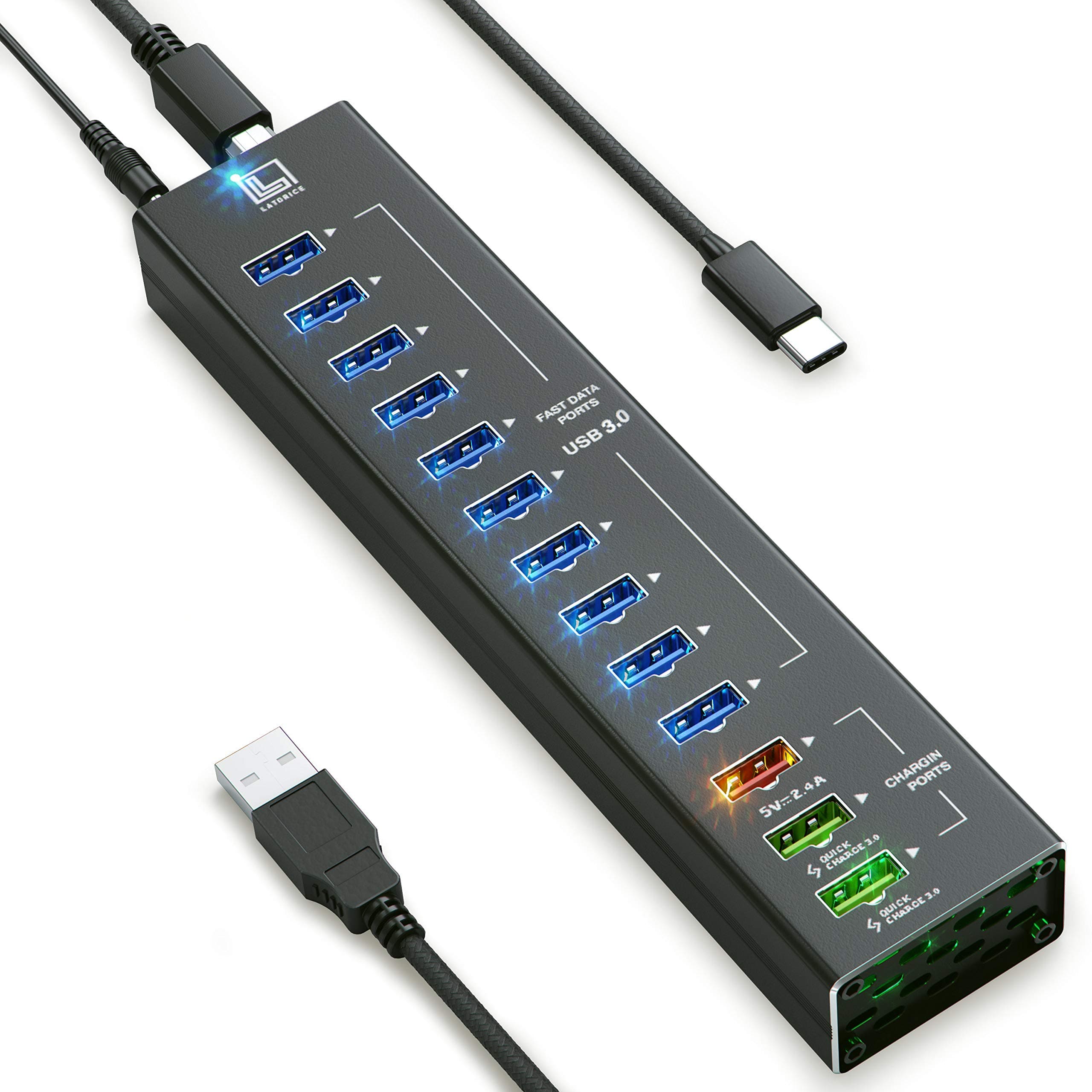 LATORICE USB C Hub Powered, 6 Multi-Port USB Hub with 4 USB 3.0 Ports, 2 IQ Quick Charge Type A and Type C Ports, Powered USB Type C Splitter with Cords B to C and B to A, Unibody Aluminum USB HUB