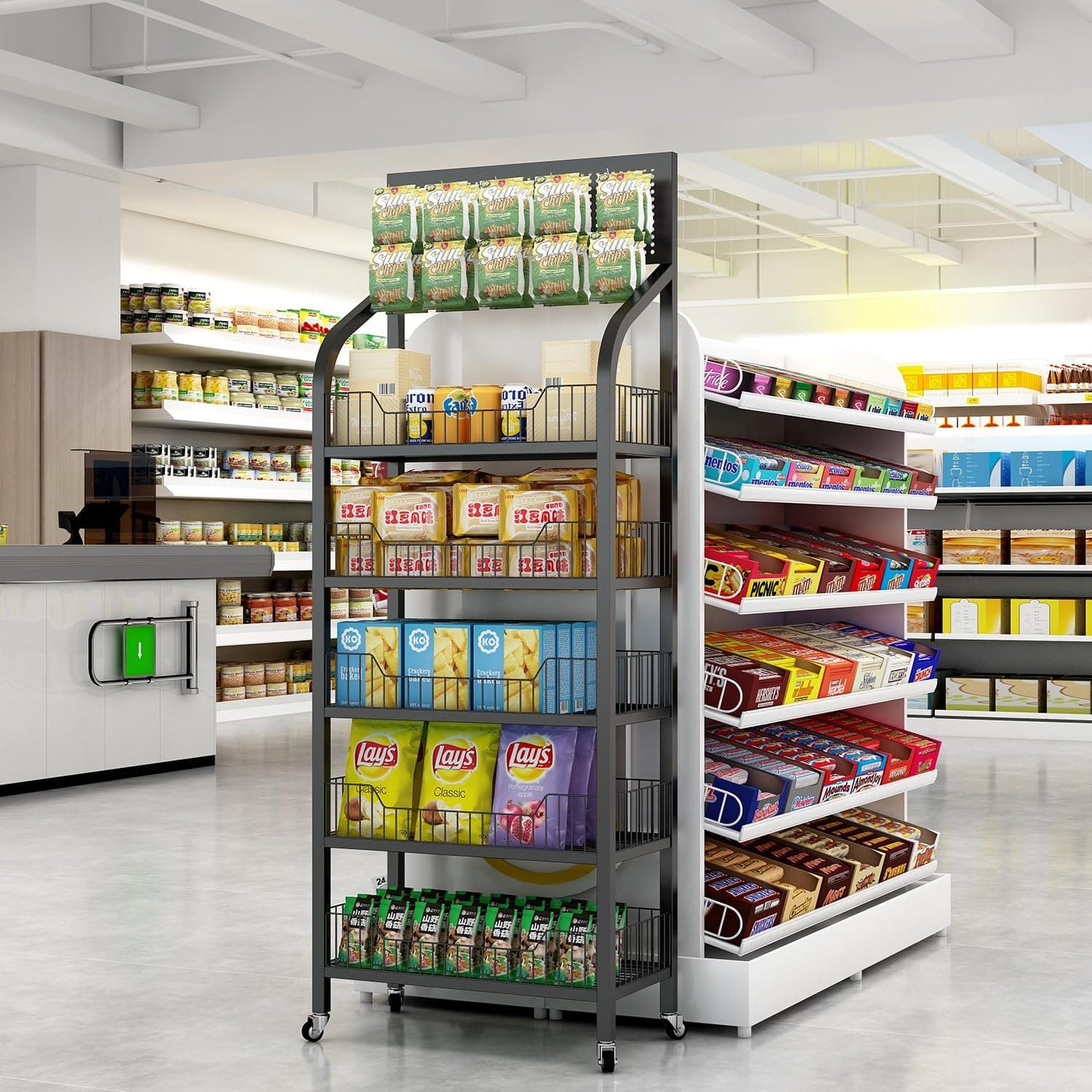 5 Tier Snack Rack Display Stand with Wheels & Hooks, Metal Retail Display Shelves for Store, Chip Rack Organizer for Supermarket, Home Kitchen (Black)