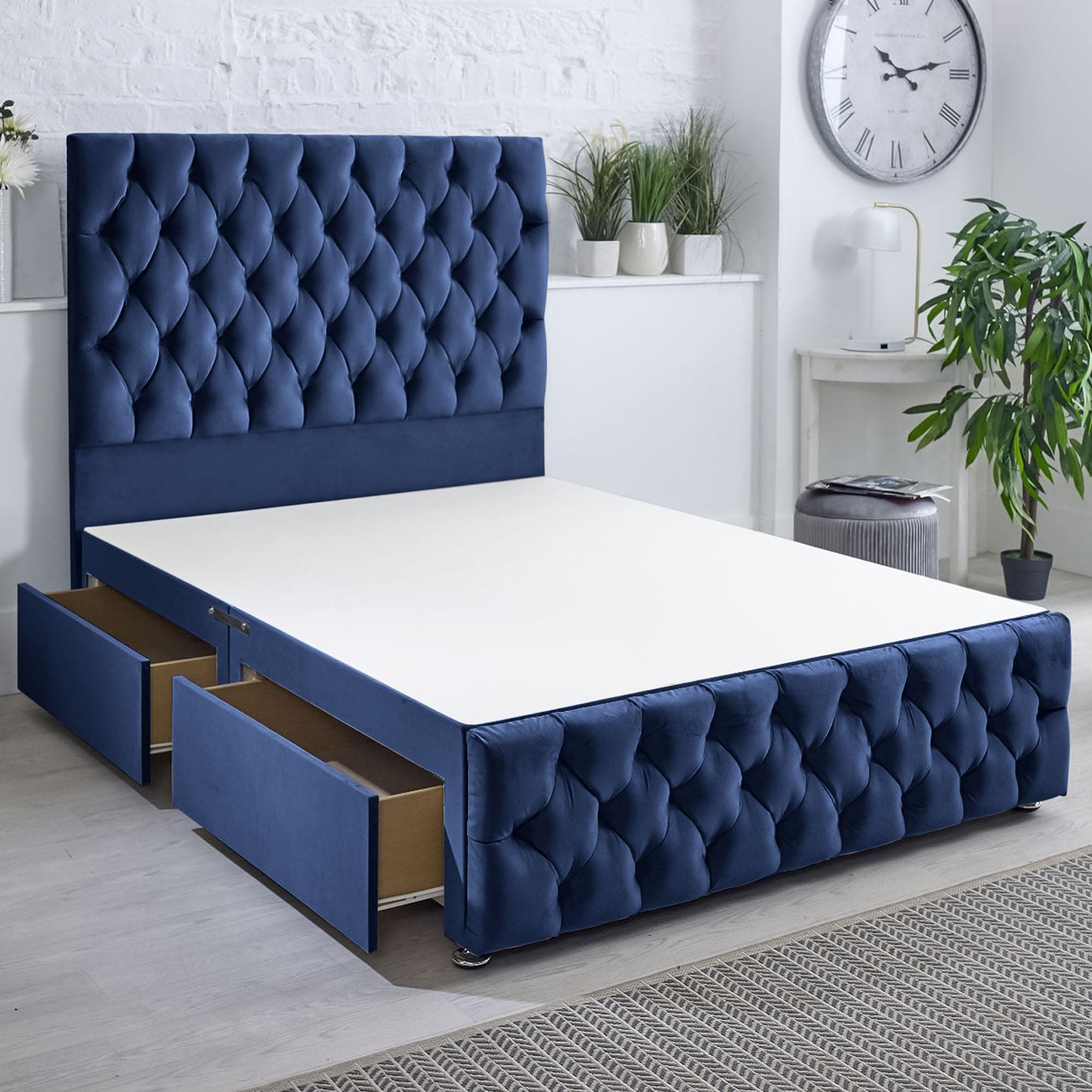 ComfoRest - Luxurious 6ft Divan Base with 54" Headboard and 4 Storage Drawers - Velvet Fabric - Elegant Divan Bed Base for Ultimate Comfort and Style (Blue Plush)
