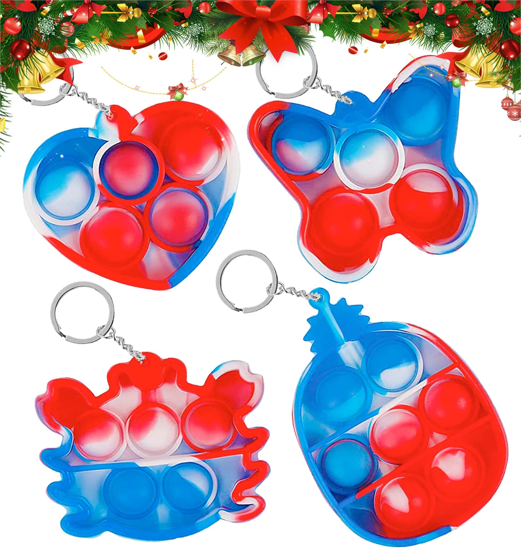 Gyothrig 4 Pack Keychain Mini Fidget Toy, Tiny Little Cheap, Sensory Anxiety Stress Relief Autistic ADHD Satisfying Fidgettoys Tie Dye Heart Butterfly Pineapple Crab