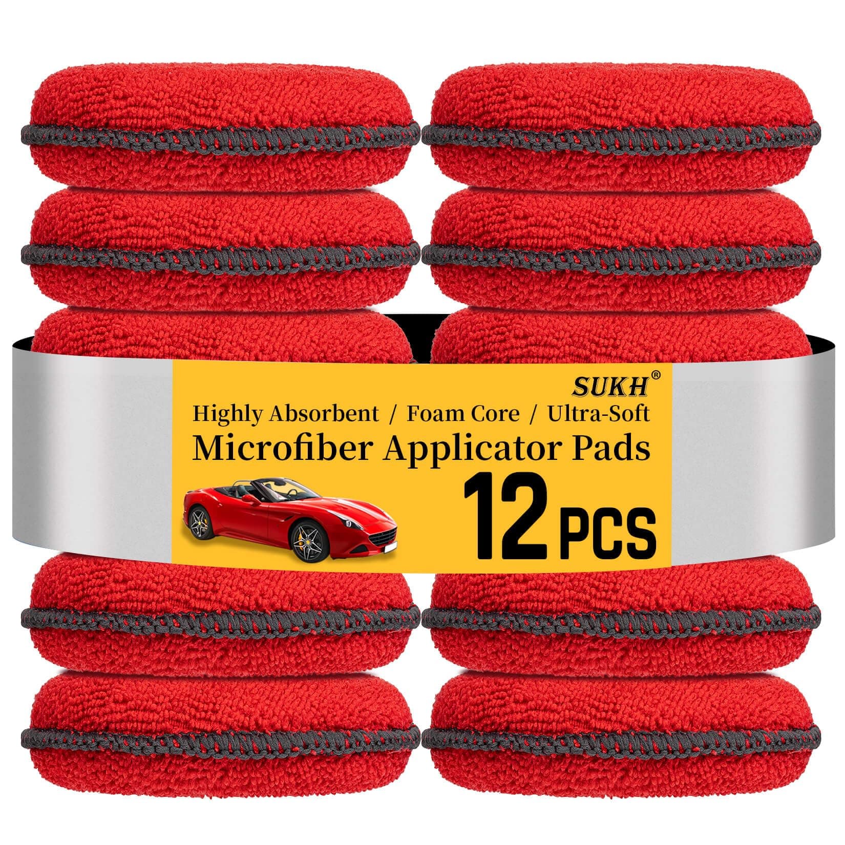 Sukh 12 Pack Microfiber Foam Car Wax Applicator Pad - Foam Applicator Pads Detailing Round 4.72 inch Polishing Sponges for Car Wax Applicator Pad Red.