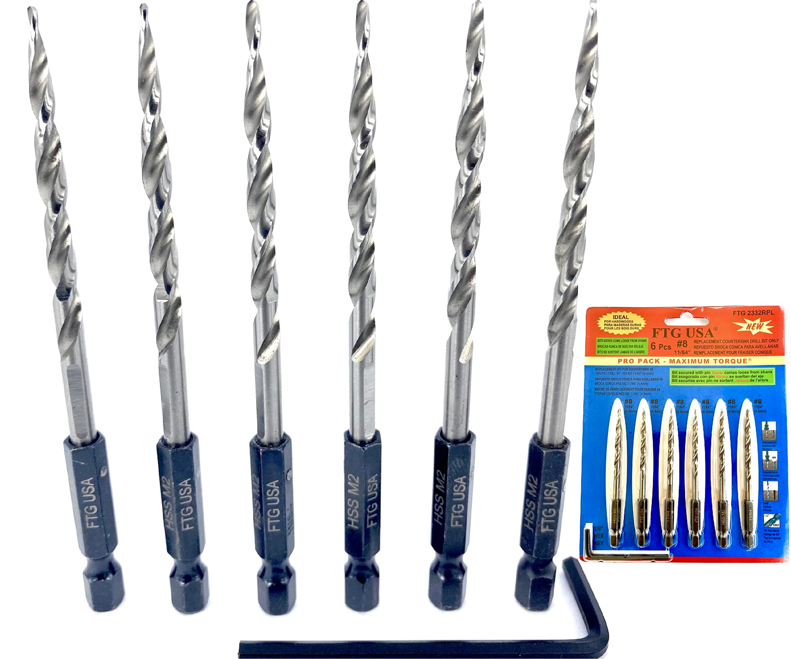 FTG USAReplacement Tapered Countersink Drill Bit Set 6 Pc (#8) 11/64" Countersink Bit Same Size Bit Replacement Only, Countersink Replacement Drill Bit FTG Maximum Torque Wood Bits Secured with Pin