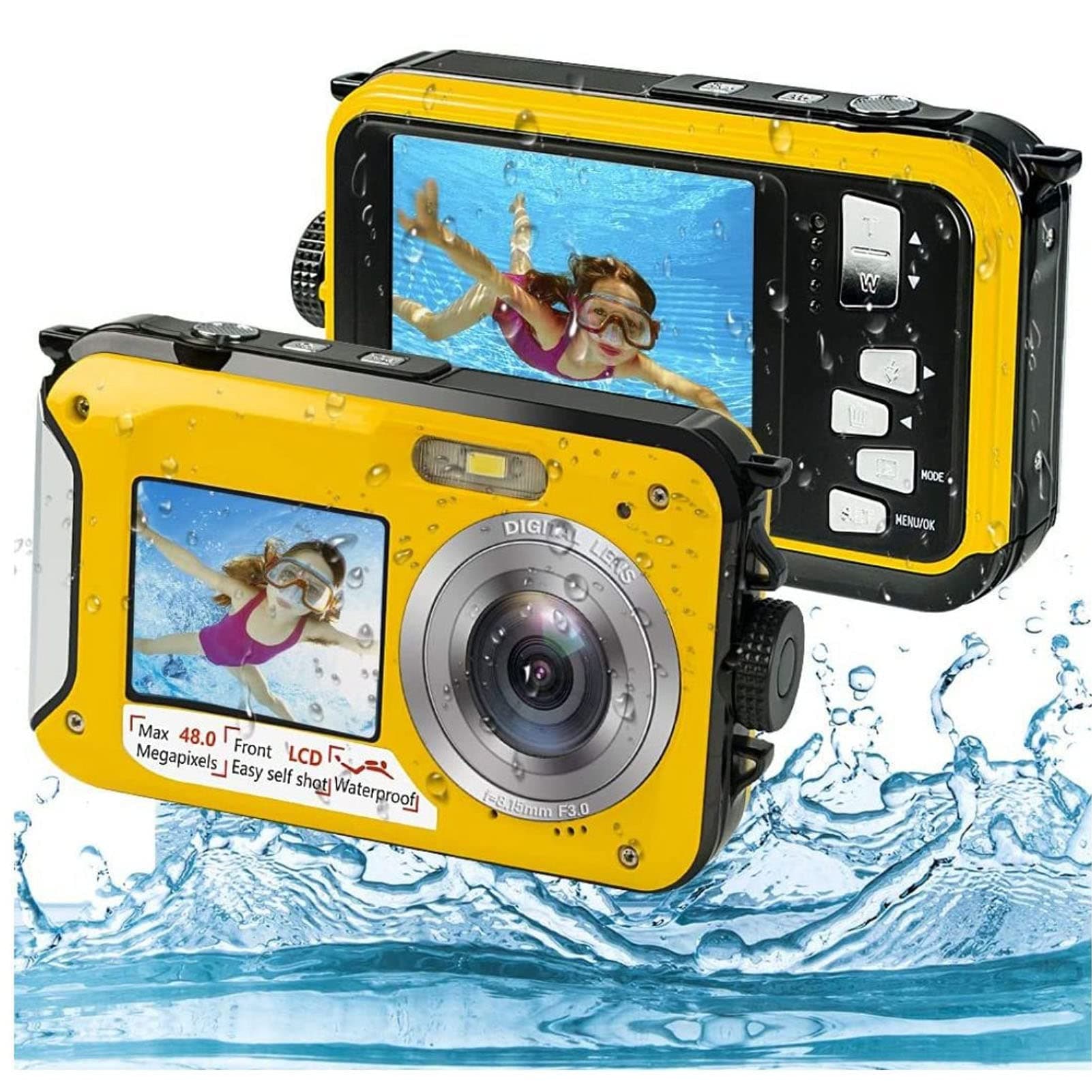 Underwater Camera, 10ft Waterproof Camera, Full HD 2.7K 48MP, 16X Digital Zoom, Underwater Digital Camera with Selfie Dual Screen, DV Digital Camera for Snorkeling (Yellow)