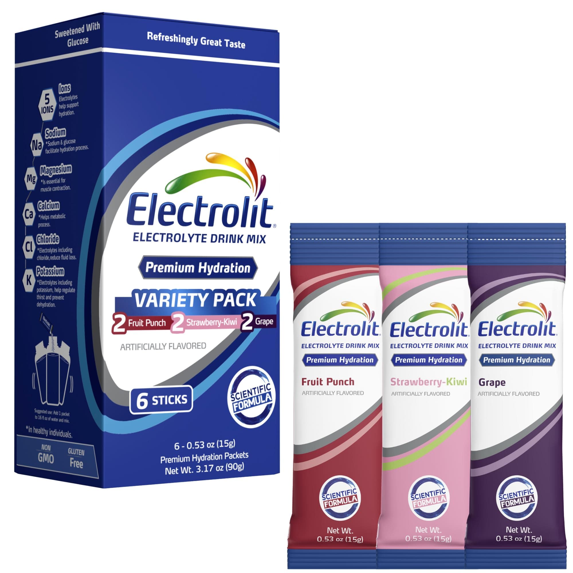 Electrolit Electrolytes Powder Packets, Variety 6 Pack, Powdered Hydration Packets for Dehydration & Rehydration, Post Workout Flavored Hydrating Drink Mix, Gluten Free Water Enhancer Sticks