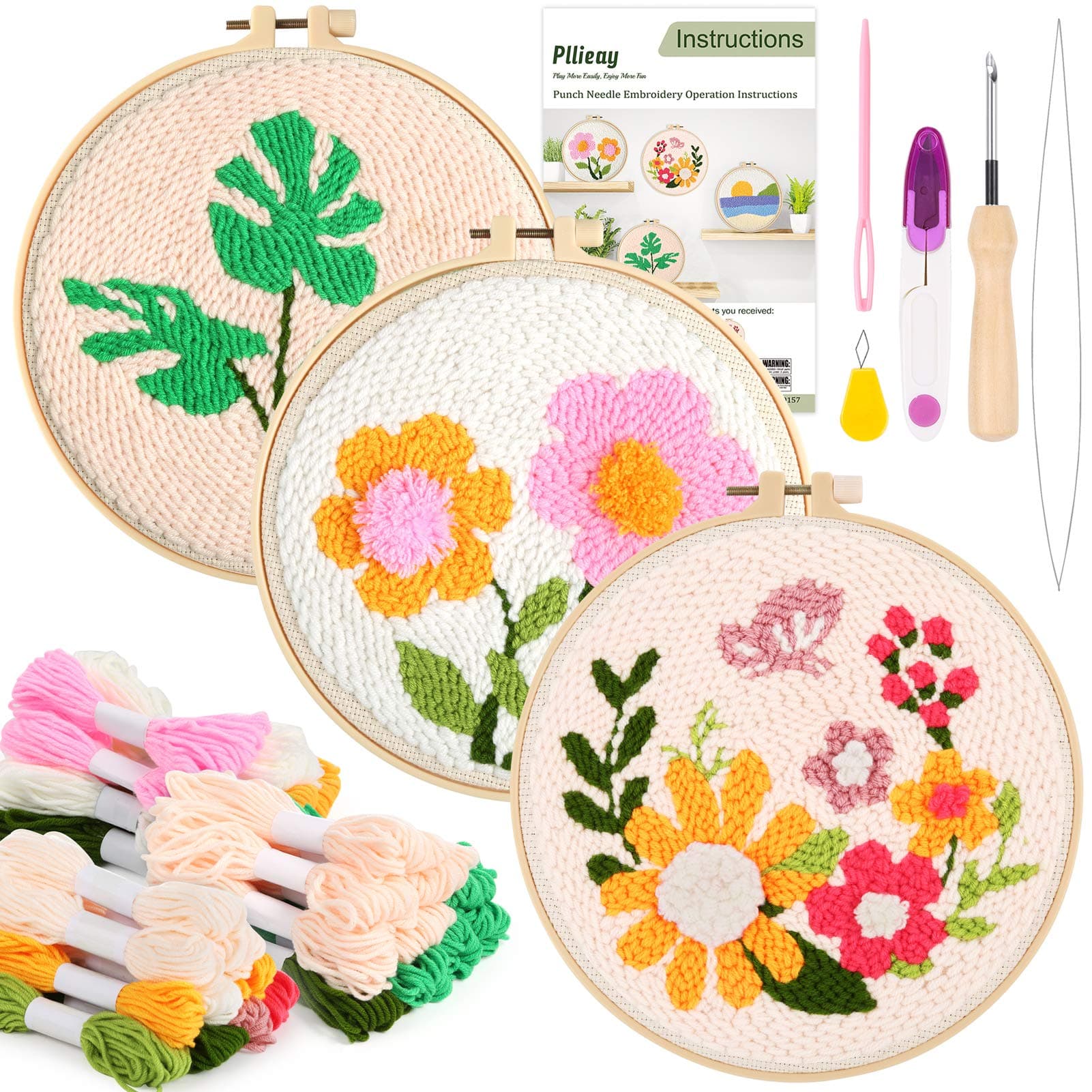 3 Set Punch Needle Embroidery Starter Kits Include Instruction, Punch Needle Fabric with Pattern, Yarns, Embroidery Hoops for Rug-Punch & Pinch Needle