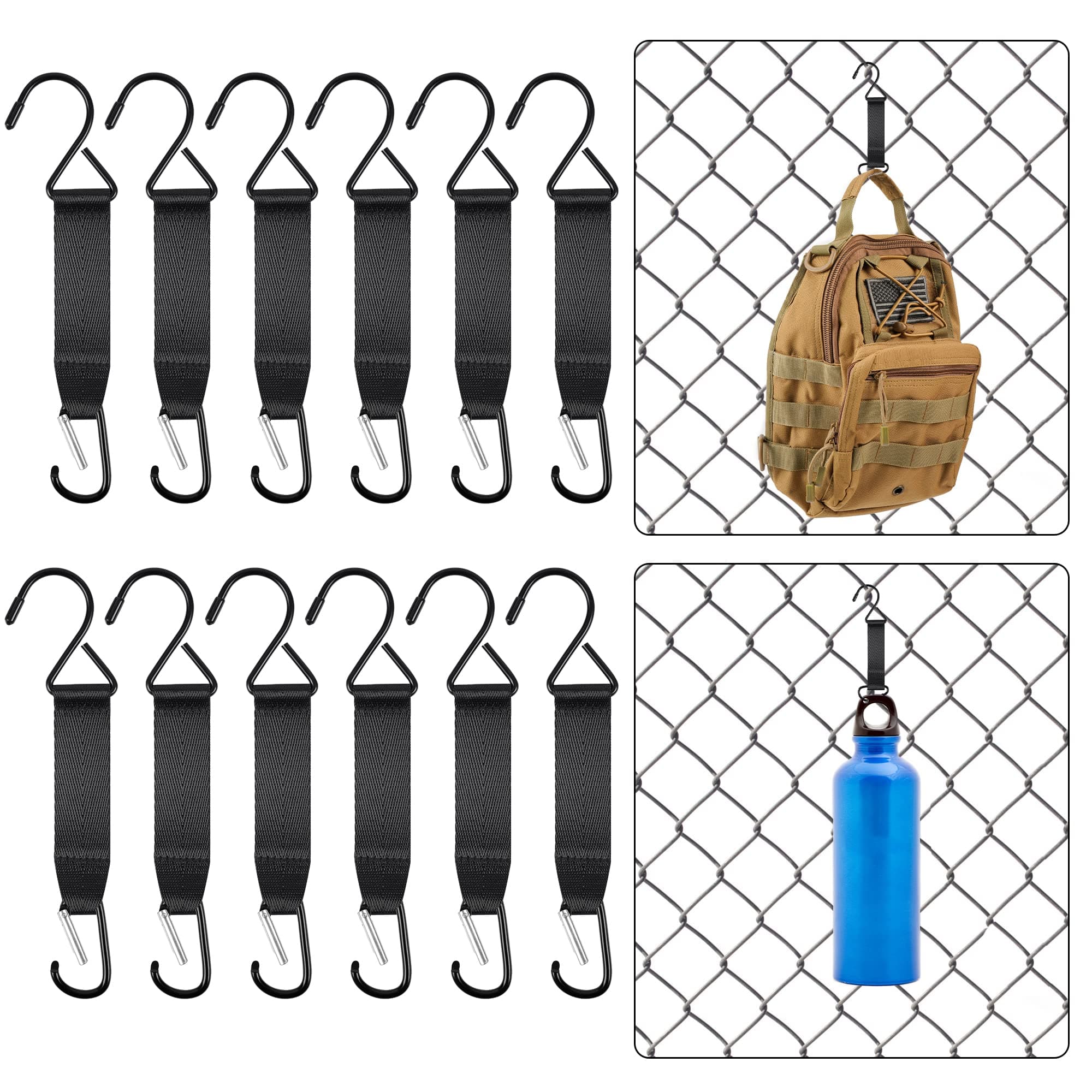 BylionFence Hooks for Baseball Bag, Hooks with Hook Cap Nylon Safety Buckles Fence Hooks Multifunctional Hanging Metal Hooks for Outdoor Sports Baseball, Softball, Tennis & Camping (Black-12Pcs)
