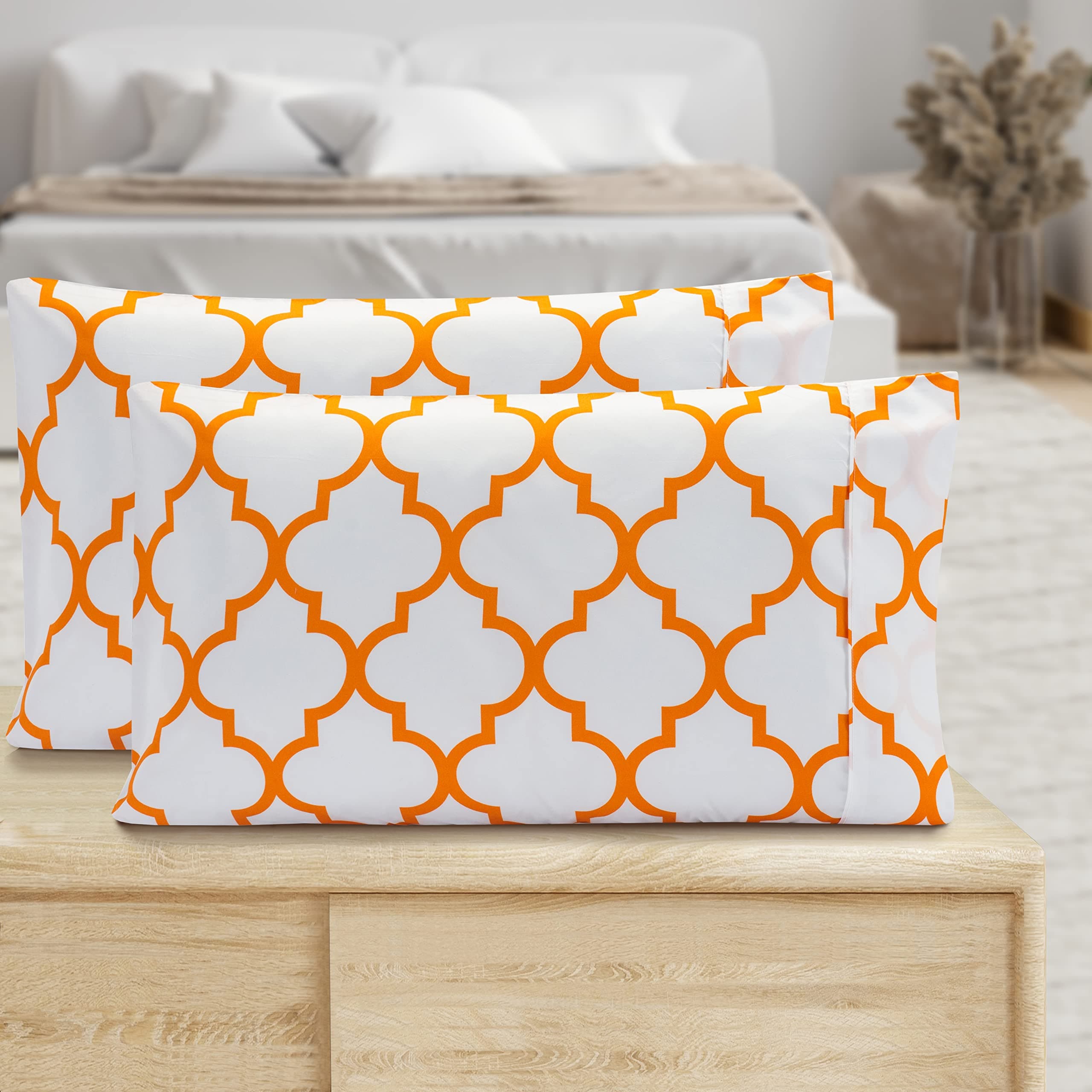Elegant Comfort Pattern Printed Pillowcases 2-Piece Set Egyptian Quality Microfiber 1500 Thread Count - Classic Design Soft and Smooth Weave, Wrinkle Resistant, Quatrefoil Queen Pillowcase, Orange