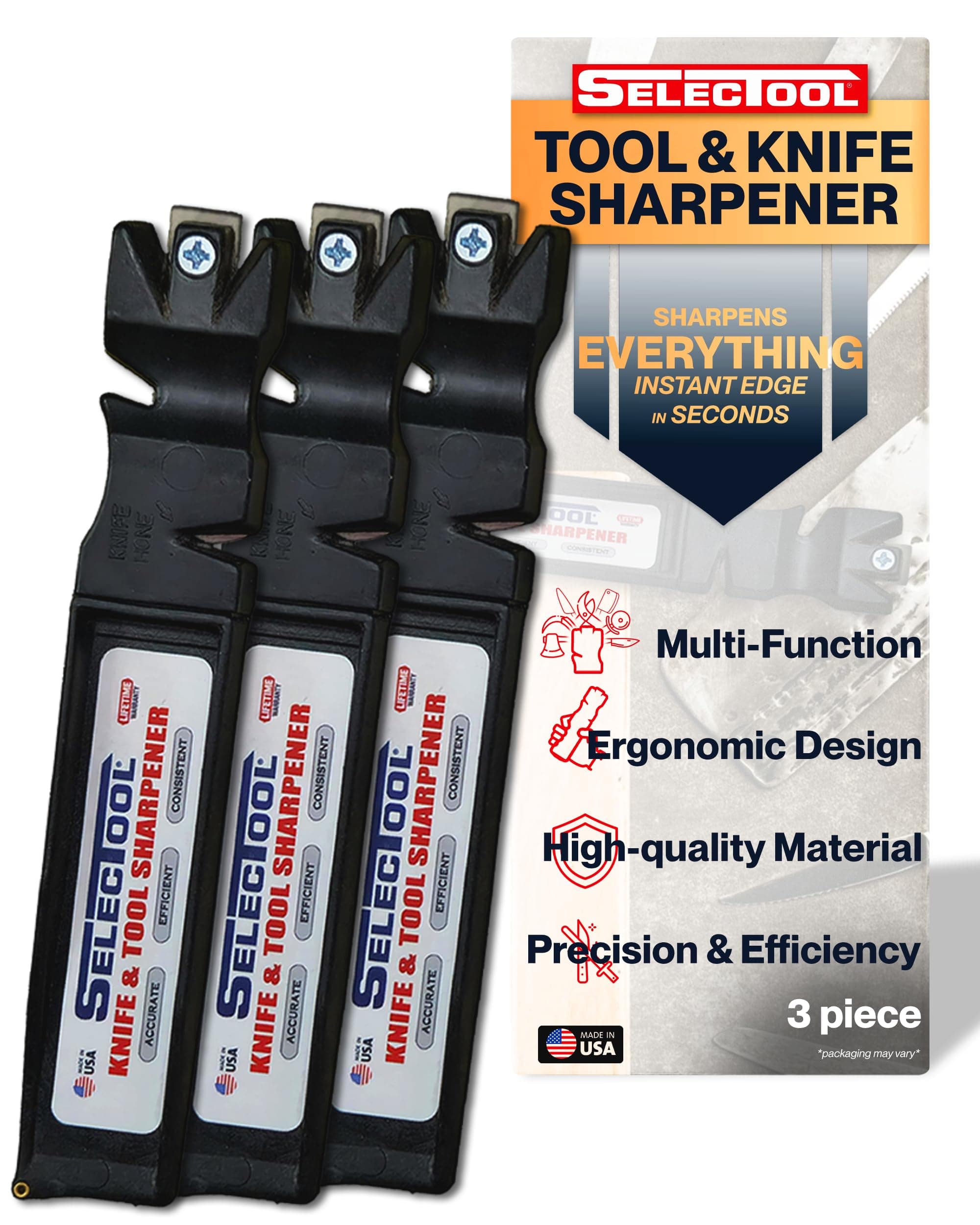 Selectool Tool and Knife Sharpener MultiTool Blade Sharpener for Kitchen Knives, Pocket Knife, Tools, Scissors, Axes & More, EDC Gadgets for Outdoor Hunting and Fishing, Effortless, Made in USA, 3 pcs