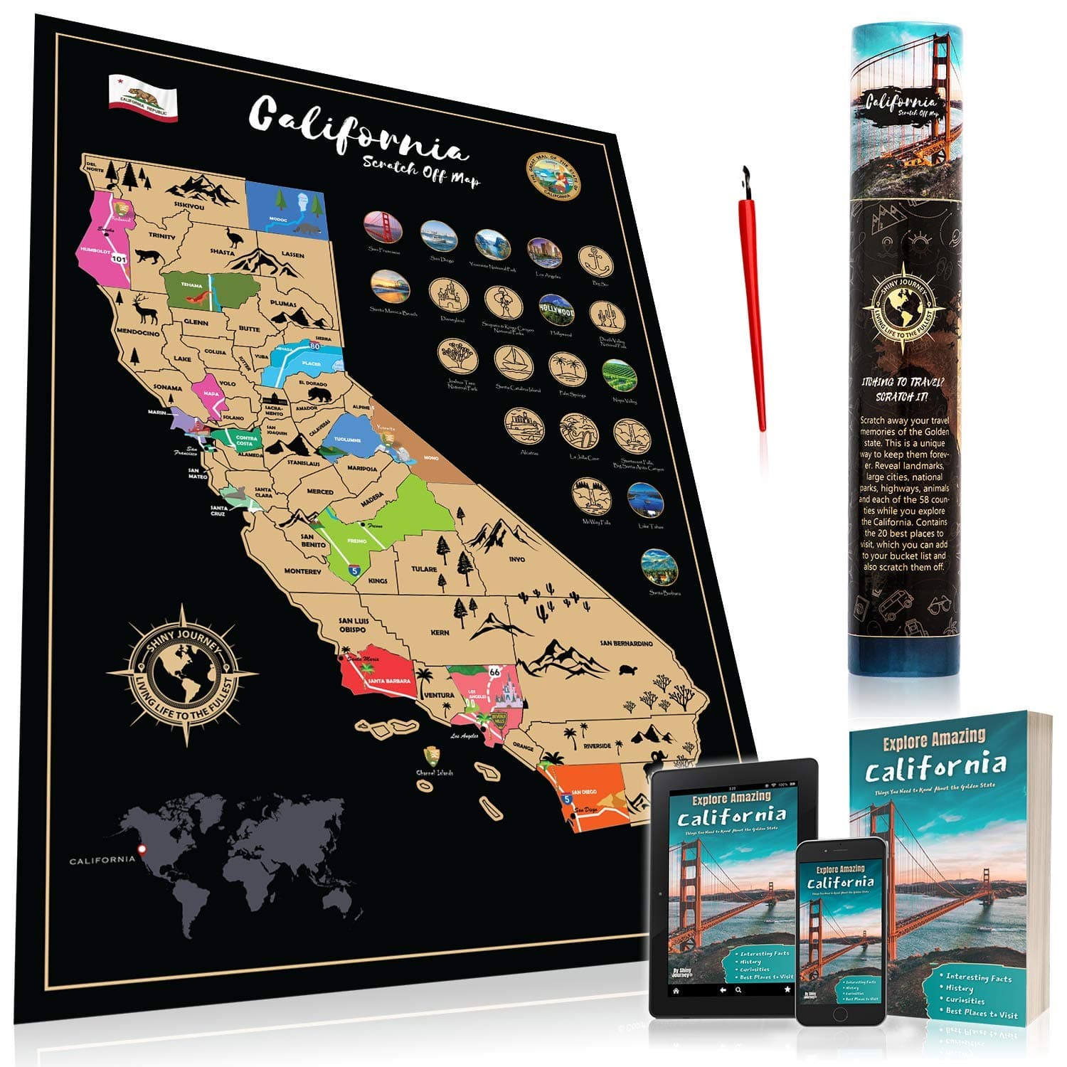 Explore Amazing California – Scratch Off Map Wall Poster with an Educational and Travel Ebook About The Golden State for All Travelers and Goegraphy Fans - Get to Know California with Shiny Journey