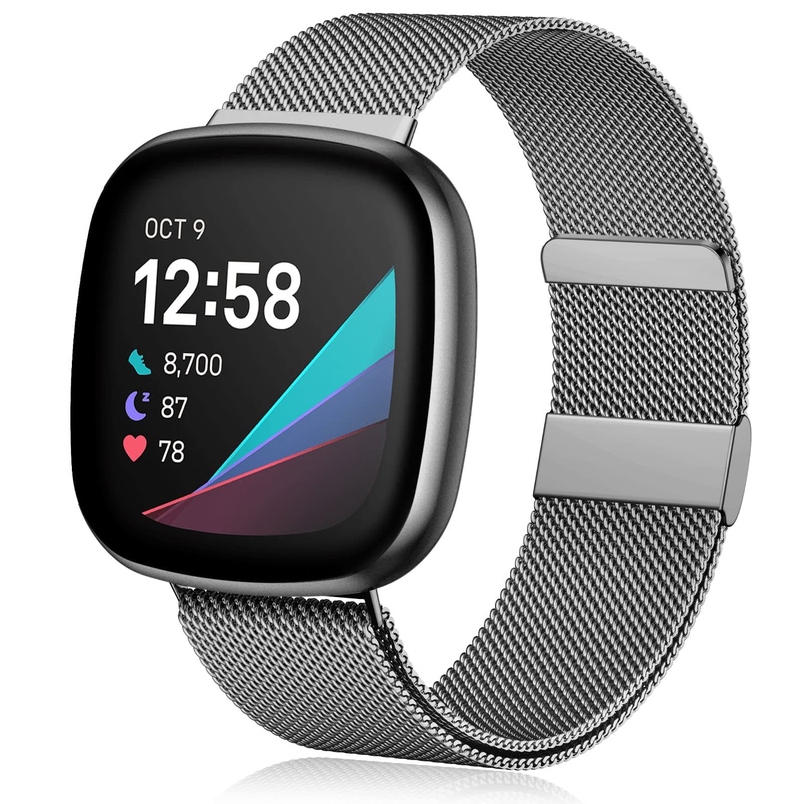 VNCAS Compatible with Fitbit Sense and Fitbit Versa 3 Bands for Women Men, Stainless Steel Metal Mesh Breathable Replacement Band Smartwatch Strap with Magnet Lock, Space Gray Small