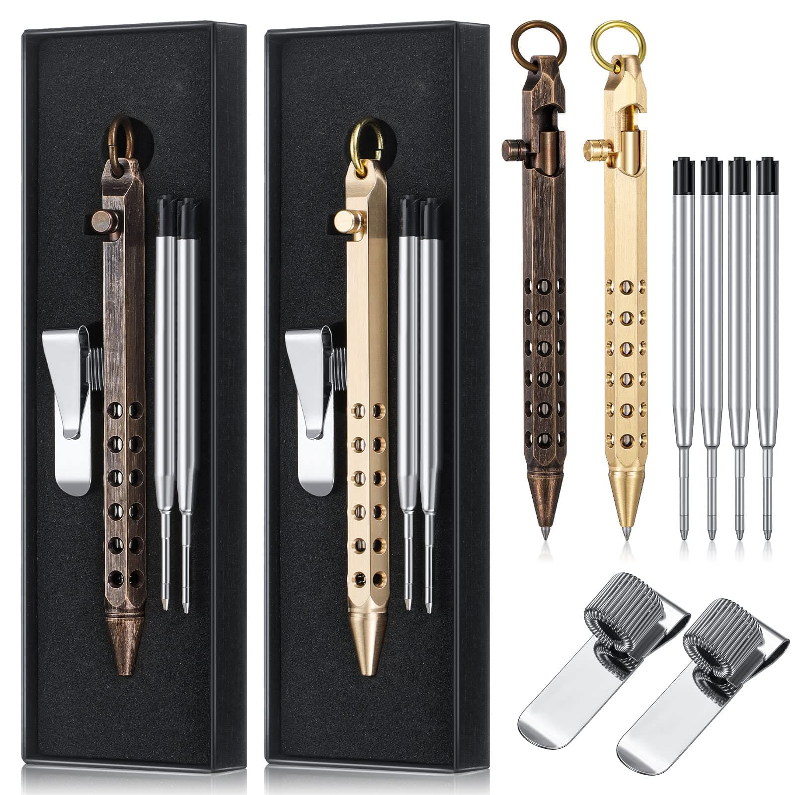 Teling8 Pcs Bolt Action Pen Kit for Men Include 2 Six Edge Solid Brass Pen Christmas 4 Replaceable Black Refills 2 Metal Pocket Clip with 2 Gift Package Gift for Xmas Thankgiving(Black, Brass Color)