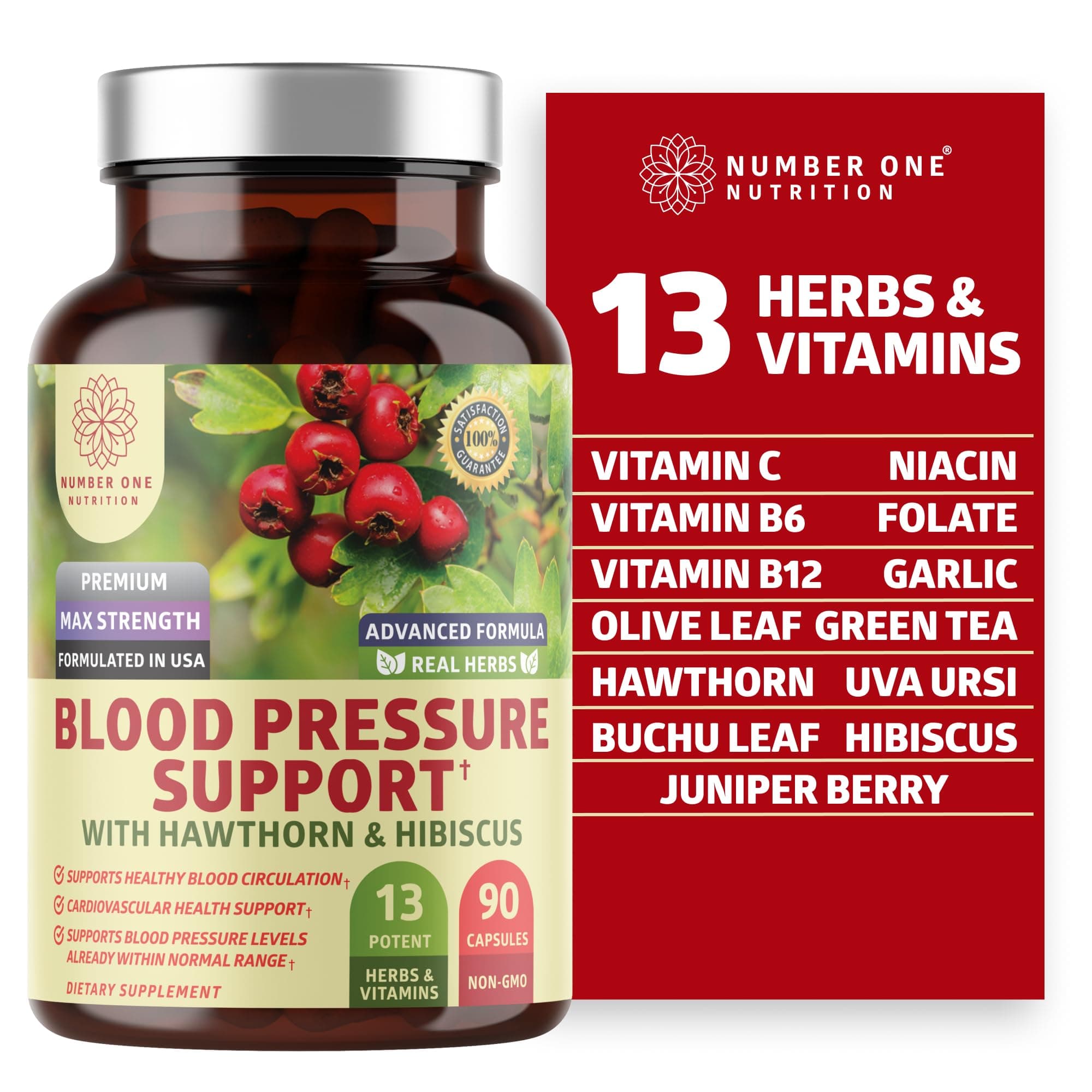 N1N Premium Blood Pressure Support with Hawthorn and Hibiscus [13 Potent Ingredients], Natural Supplement to Support Blood Flow Health, 90 Caps