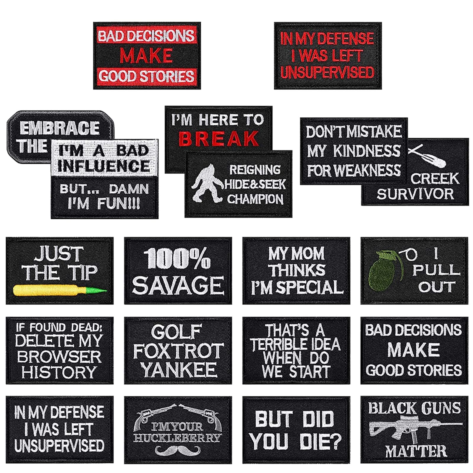 GUYI GYGYL 20PCS Tactical Morale Funny Patches Bundle, Hook and Loop Applique for Military Uniform Tactical Bag Jacket Jeans Hat