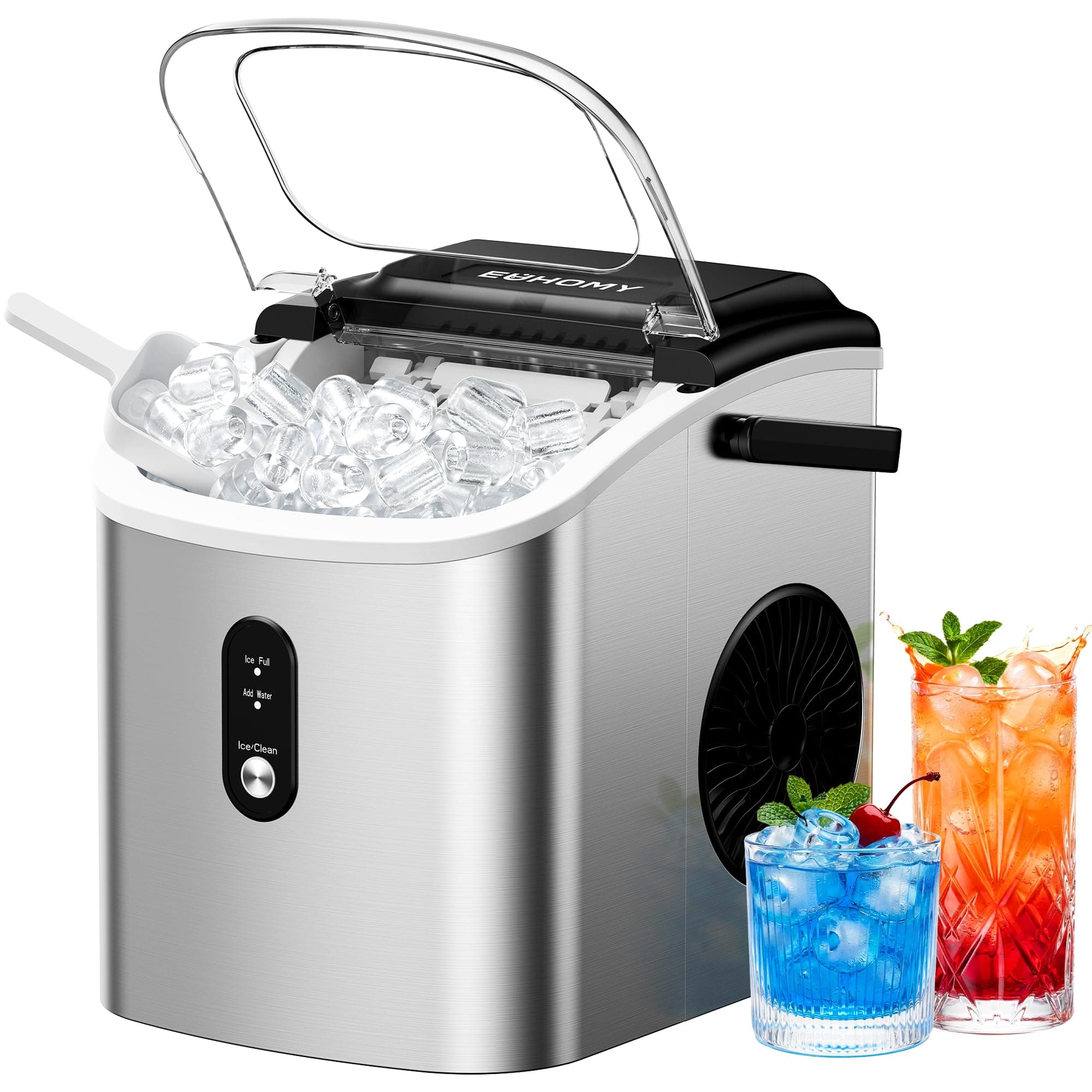 EUHOMY Ice Maker Countertop, Portable Ice Machine with Carry Handle, 26.5lbs Per Day, 9 Cubes in 6 Mins, Auto-Cleaning, with Basket and Scoop, for Home, Kitchen, Camping, RV (Silver)