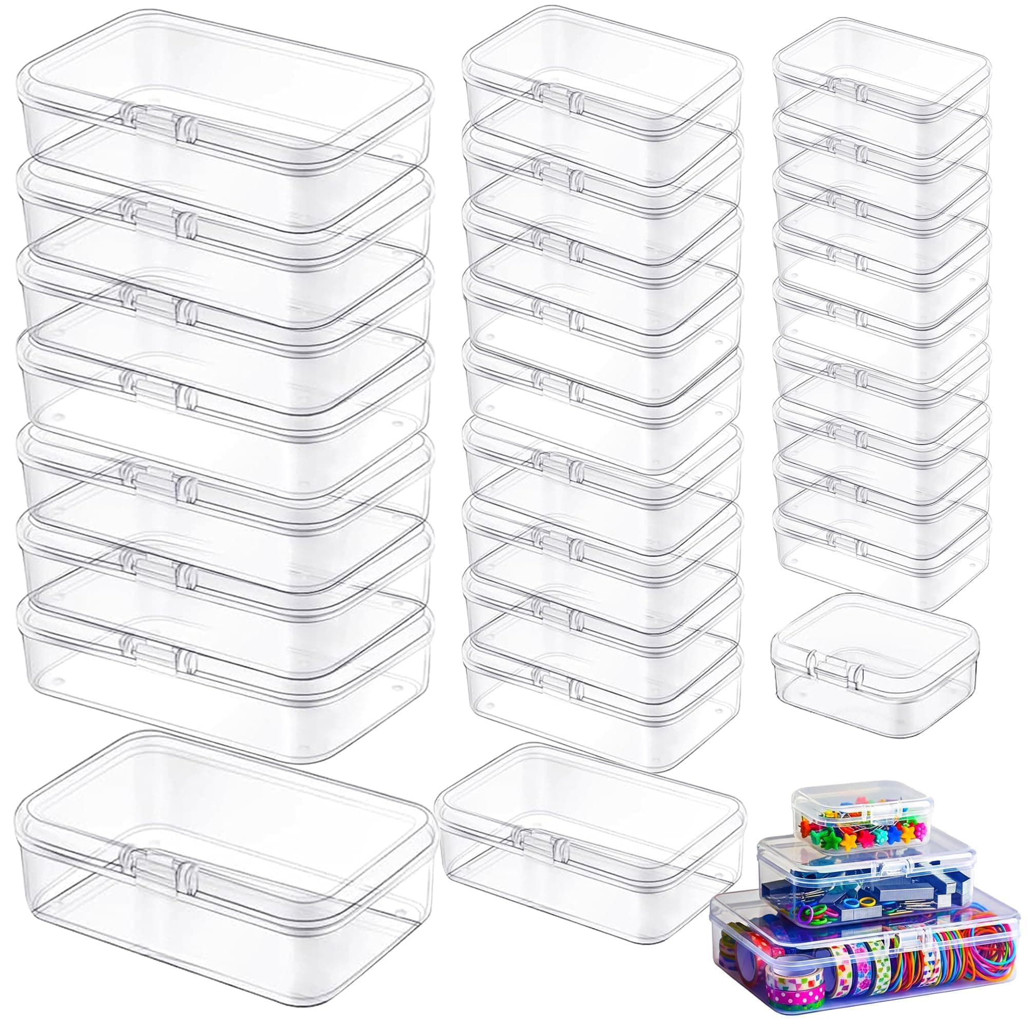 LJY 28-Piece Plastic Storage Containers with Lids (3 Assorted Sizes), Rectangular Organizer Box Set Clear Organizer Bins for Beads & Jewelry Findings, Instant Visibility, Transparent