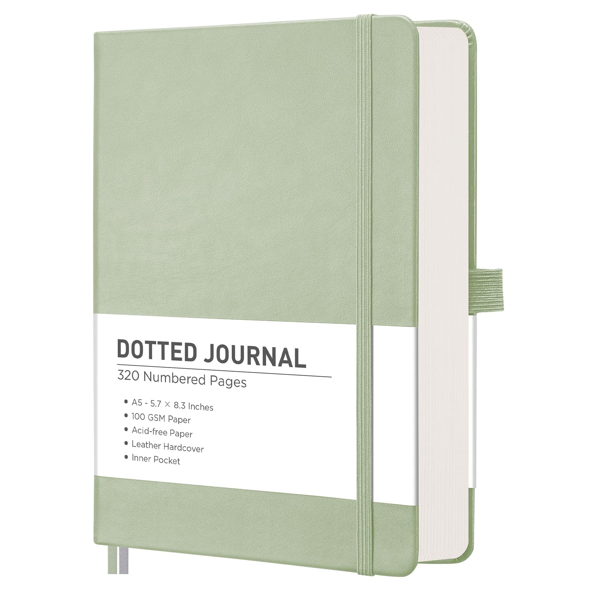Dotted Journal Notebook, 320 Numbered Pages, A5 Medium Size (5.7'' × 8.3''), Leather Hardcover, 100 GSM Thick Paper, for Journaling, Planning, Tracking (Light Green)