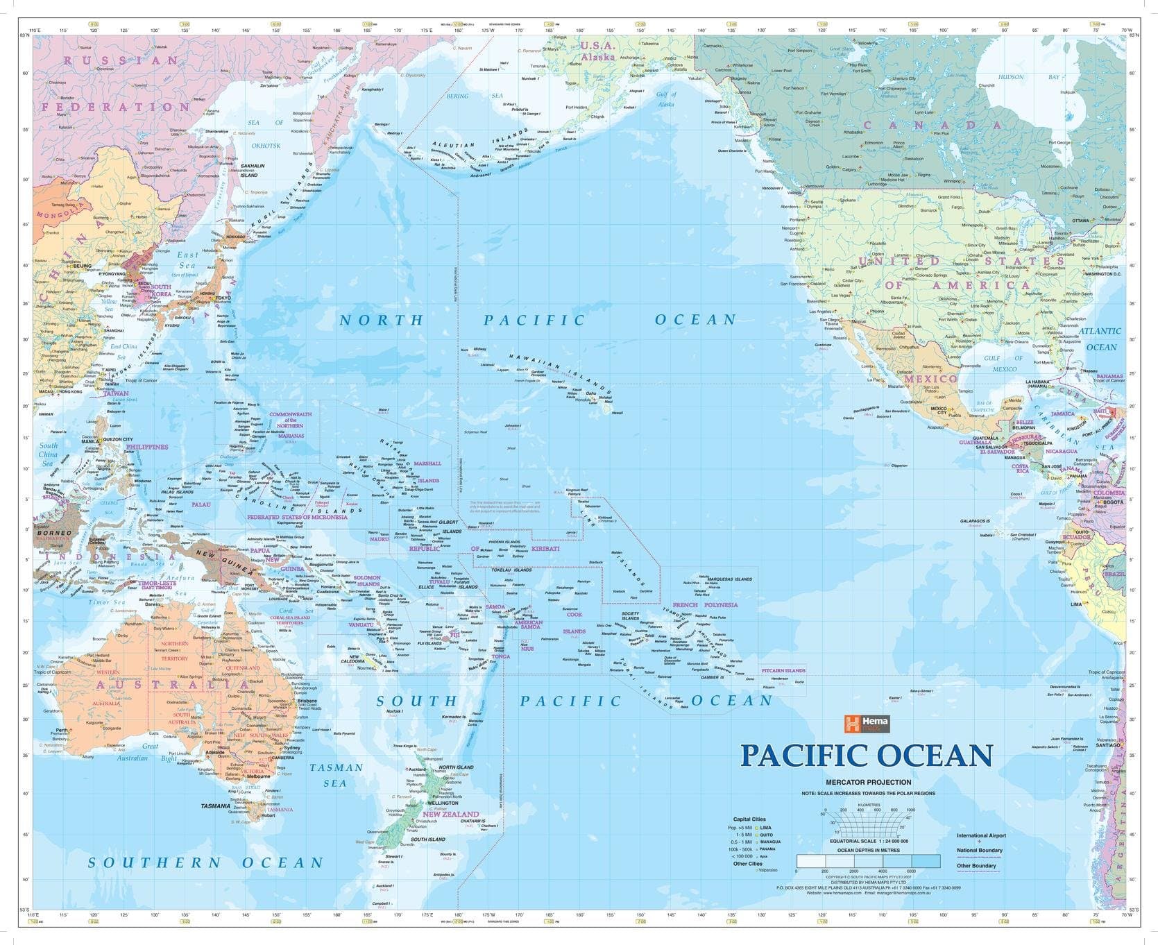 HEMAPacific Ocean Wall Map - 34" x 27.75" Matte Plastic