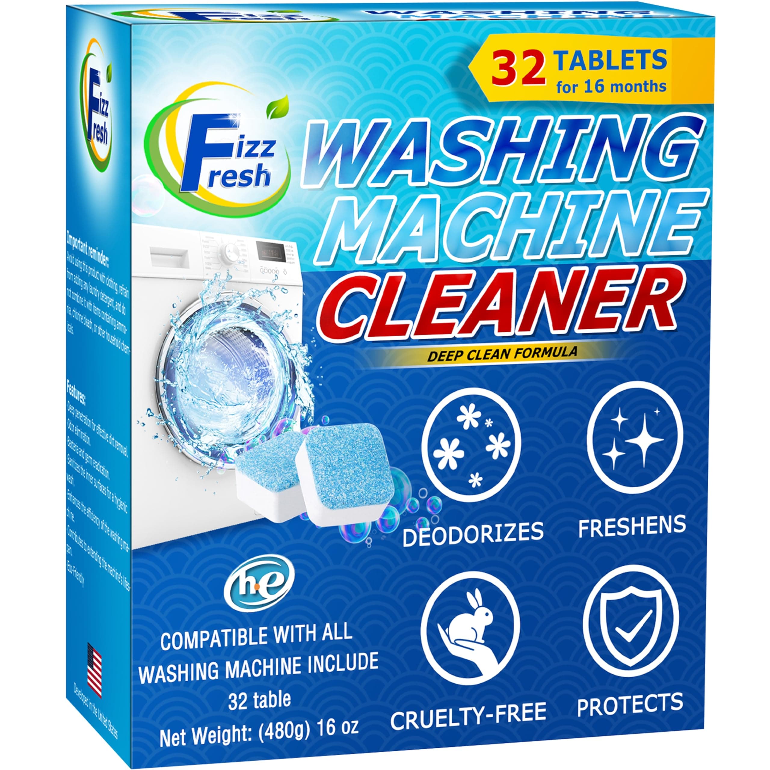 Washing Machine Cleaner Tablets 32-Pack - Deep Cleaner Descaler for Front Load or Top Load Washer - Clean Inside Drum, Tub seal & other Parts Descaler & septic safeCompact by Design (Amazon-developed Certification)