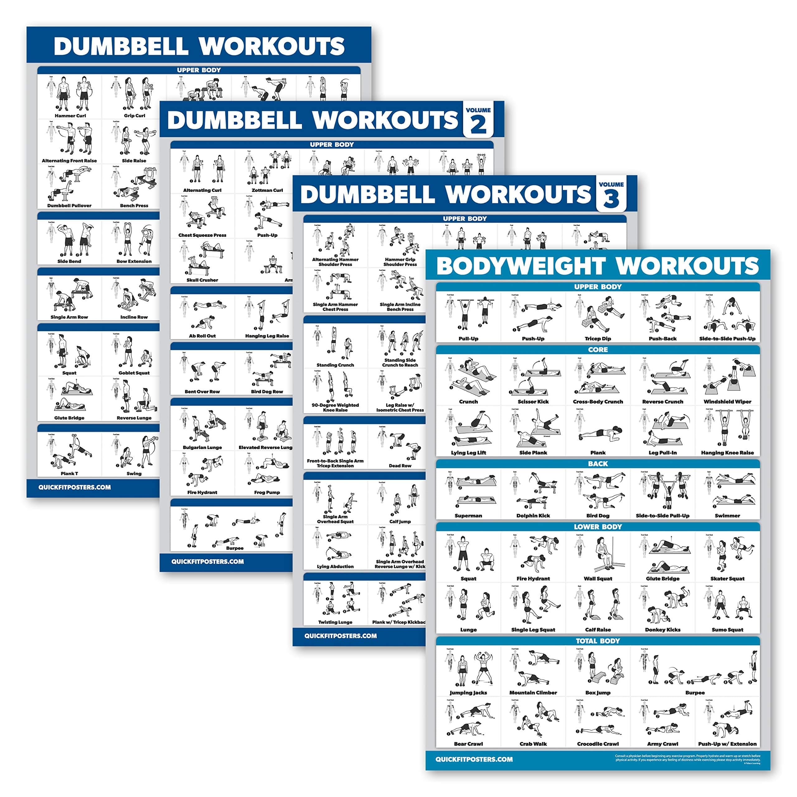 4 Pack - Dumbbell Workout Posters Volume 1, 2 & 3 + Bodyweight Exercise Chart - Set of 4 Posters (LAMINATED, 18" x 24")