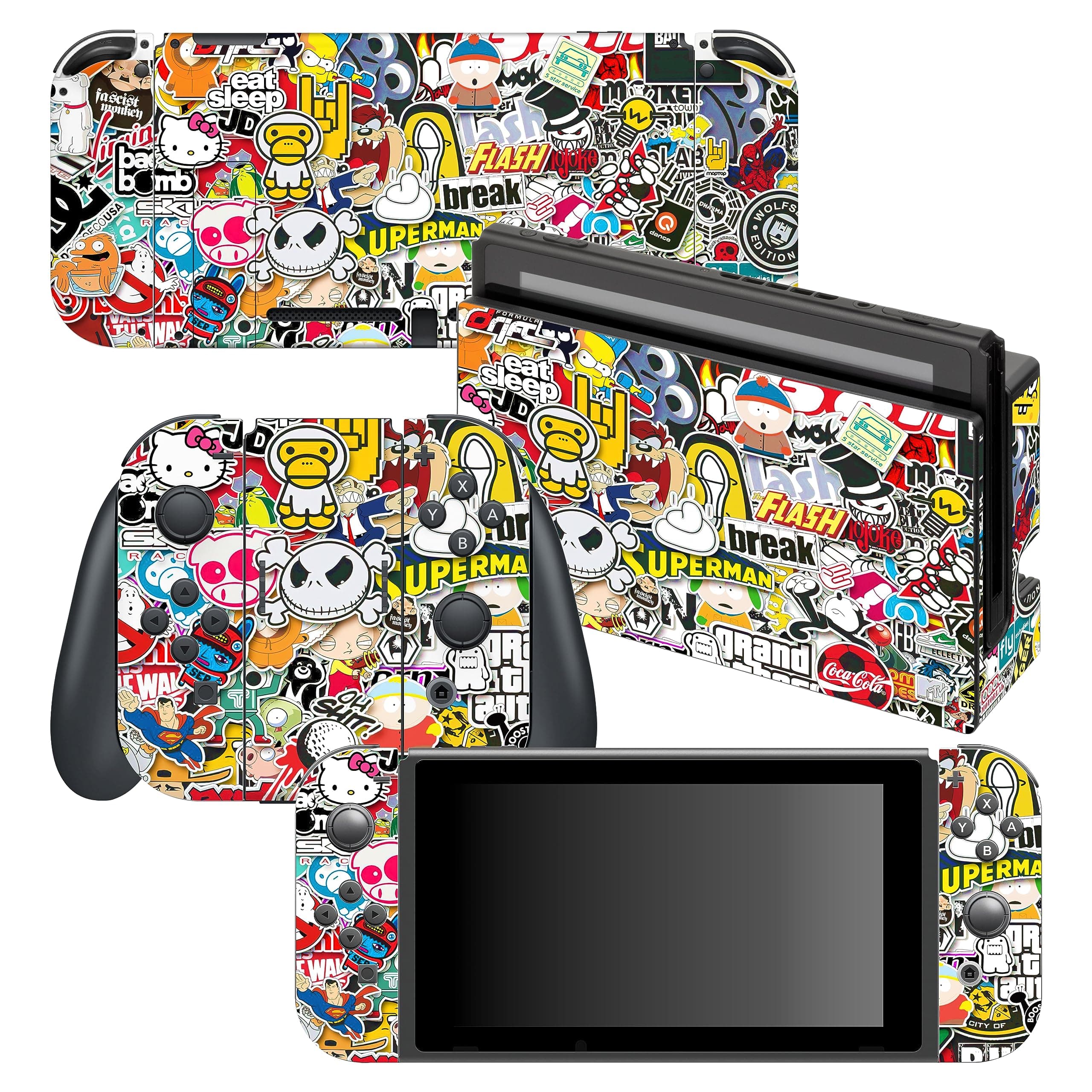 HK StudioGame Console Switch Skins - Sticker Bomb Game Console Switch Stickers with No Bubble, Waterproof - Game Console Switch Wrap Skin - Including Skin for Joy-Cons, Dock, Grip and Console