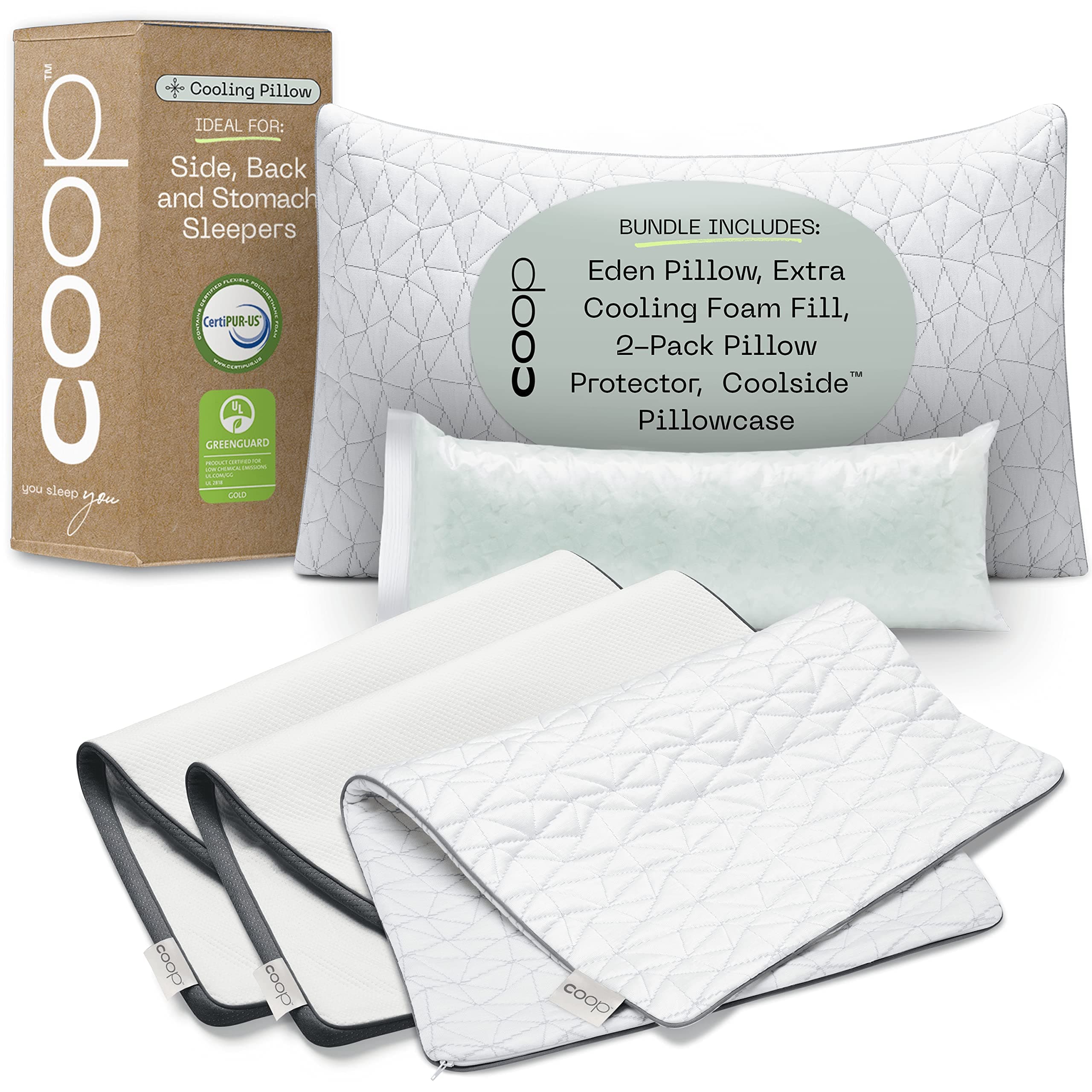 Eden Pillow, Protector & Pillowcase Queen Bundle, Set Includes (1) Eden Pillow, (1) Coolside Pillowcase & (2) UltraTech Waterproof Pillow Protectors