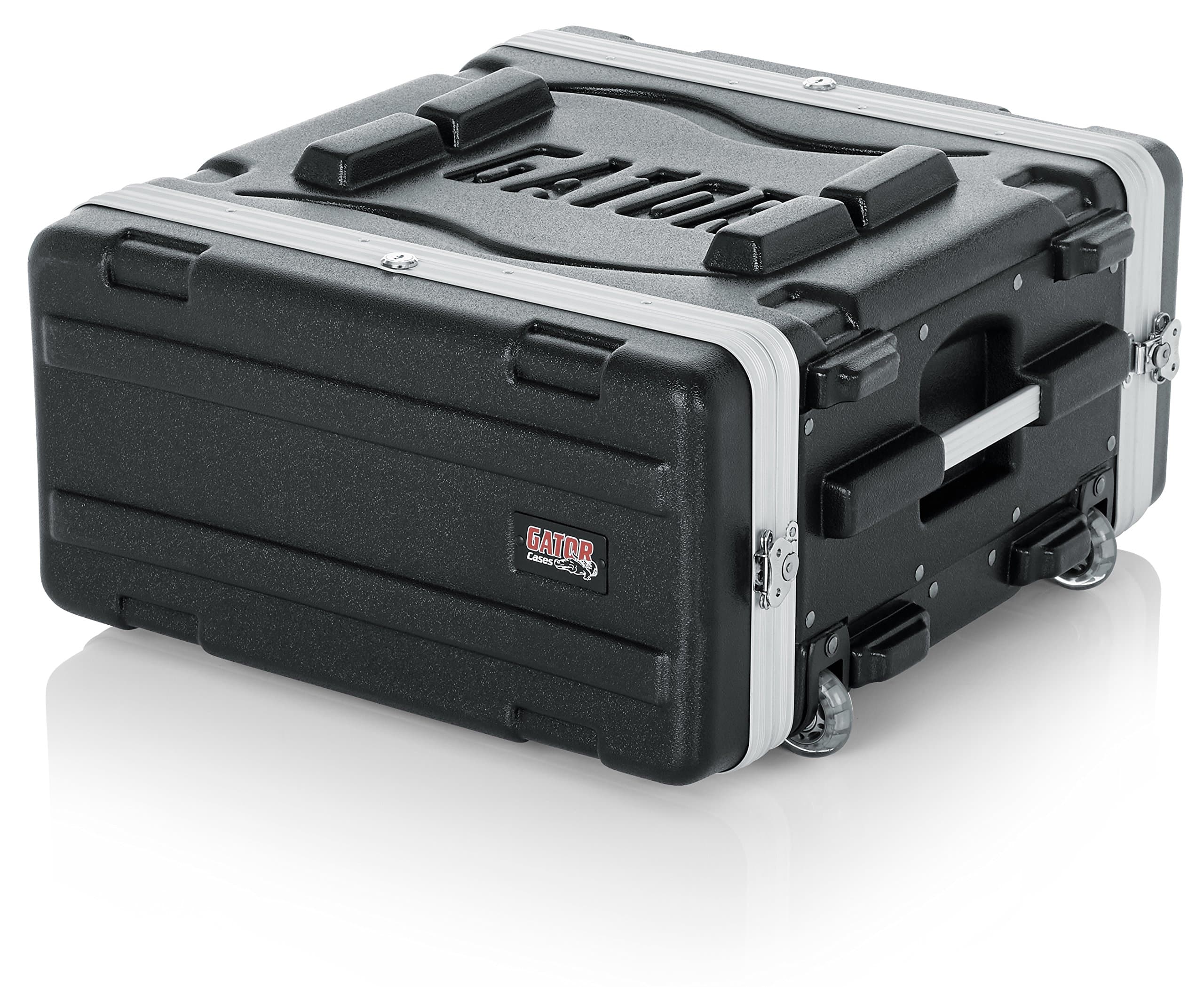Gator Molded PE 4U 19.25 inch Rack Case with Front / Rear Rails / Pull Handle / Recessed Wheels and Locking
