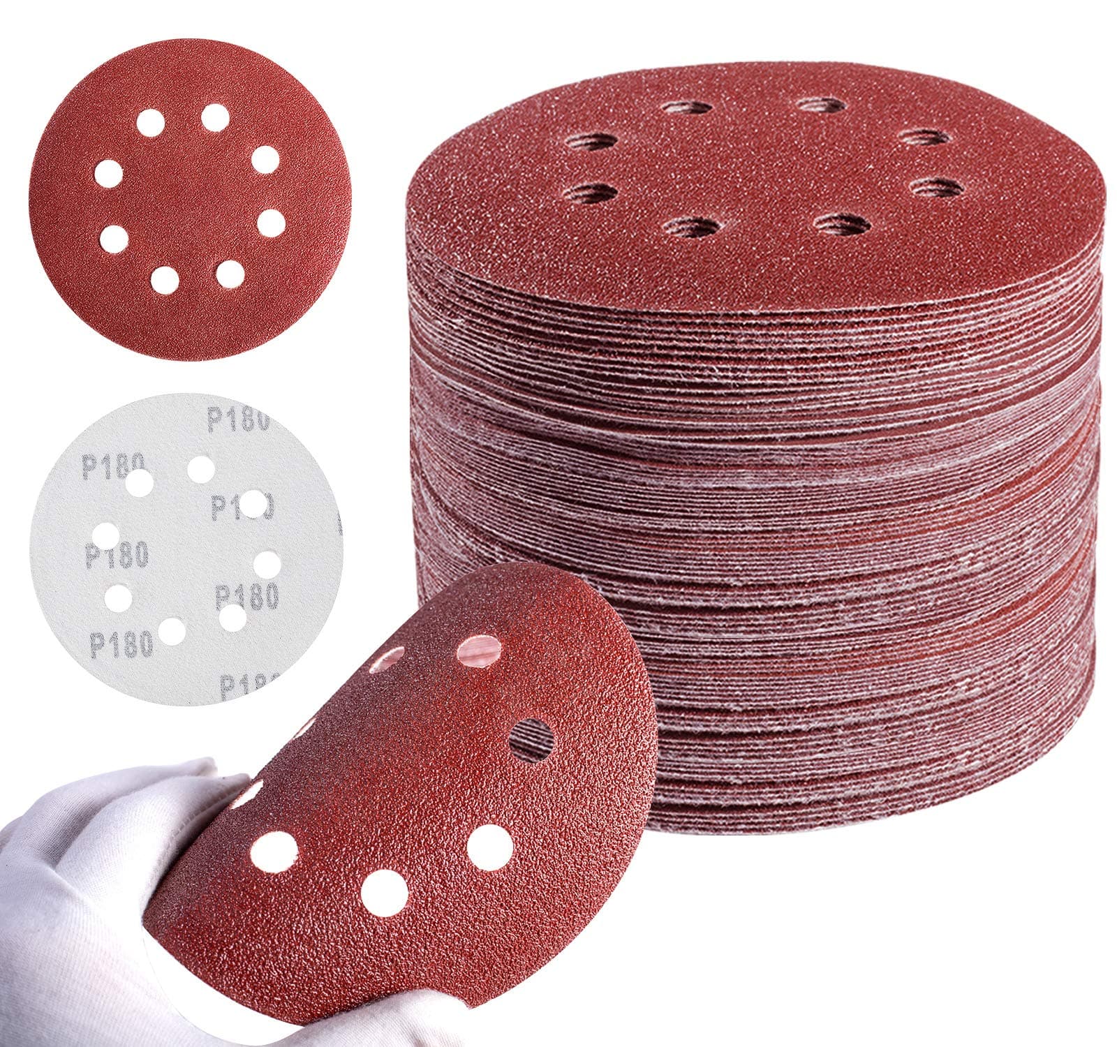 Sanding Disc 5 Inch 8 Hole Hook and Loop Sanding Pads for Orbital Sander 40/60/80/120/180/240/320 Grits-Pack of 72