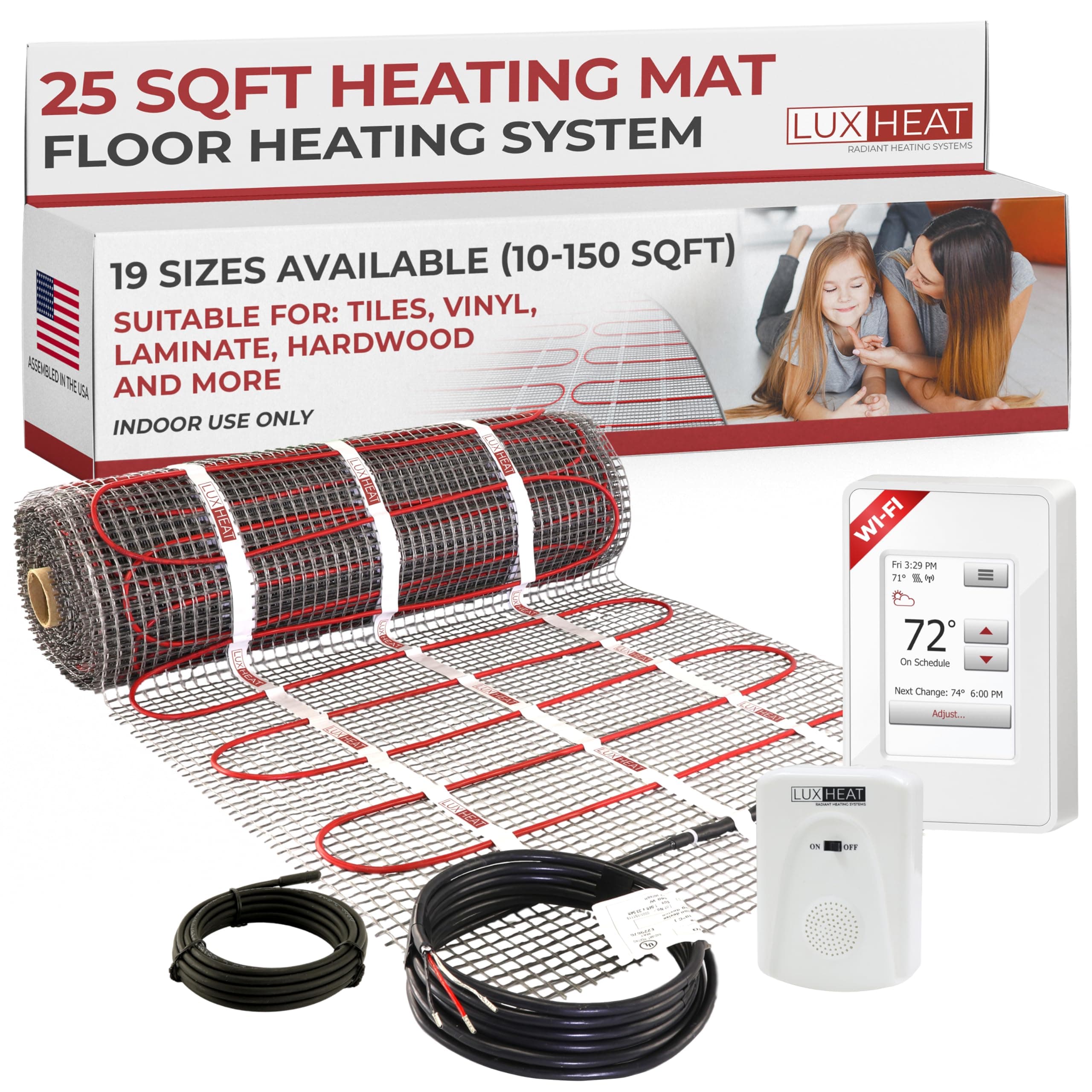 LuxHeat 25sqft Floor Heating Mat Kit - 120v Under Floor Heating System - Electric Radiant Heated Flooring System for Tile & Laminate - Includes UWG4 WiFi Programmable Thermostat w/GFCI, Alarm & Sensor