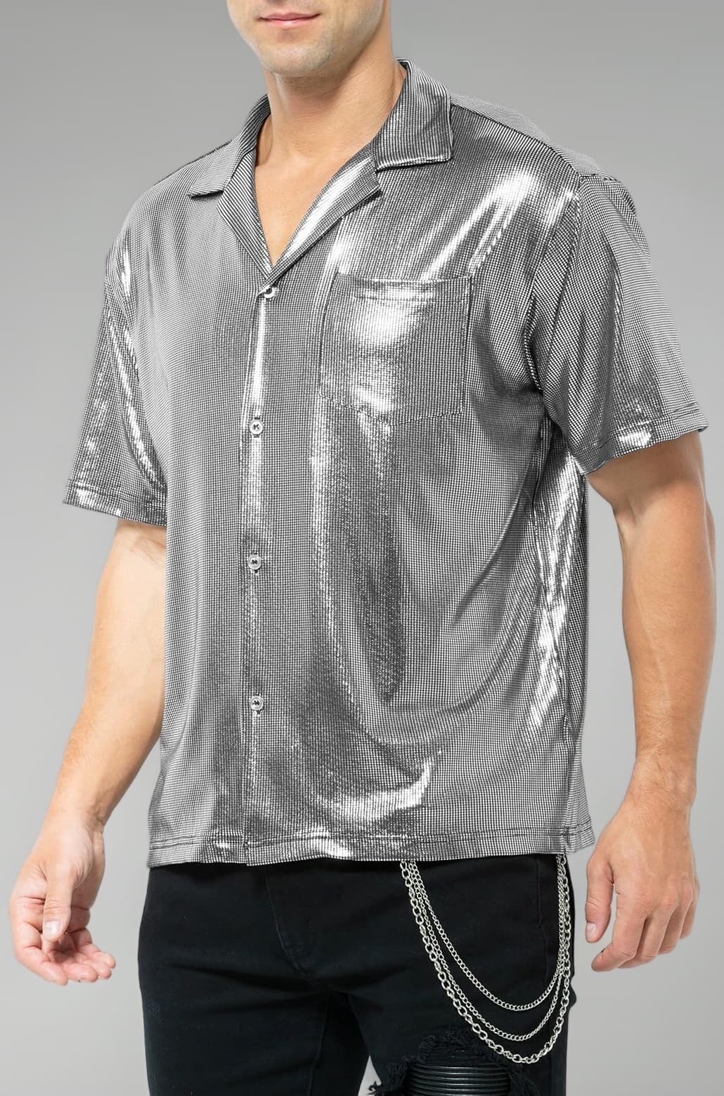 Men's Short Sleeve Collared Metallic Shirts Button Down Reflective Sequin Rave Outfit Holographic Disco Top