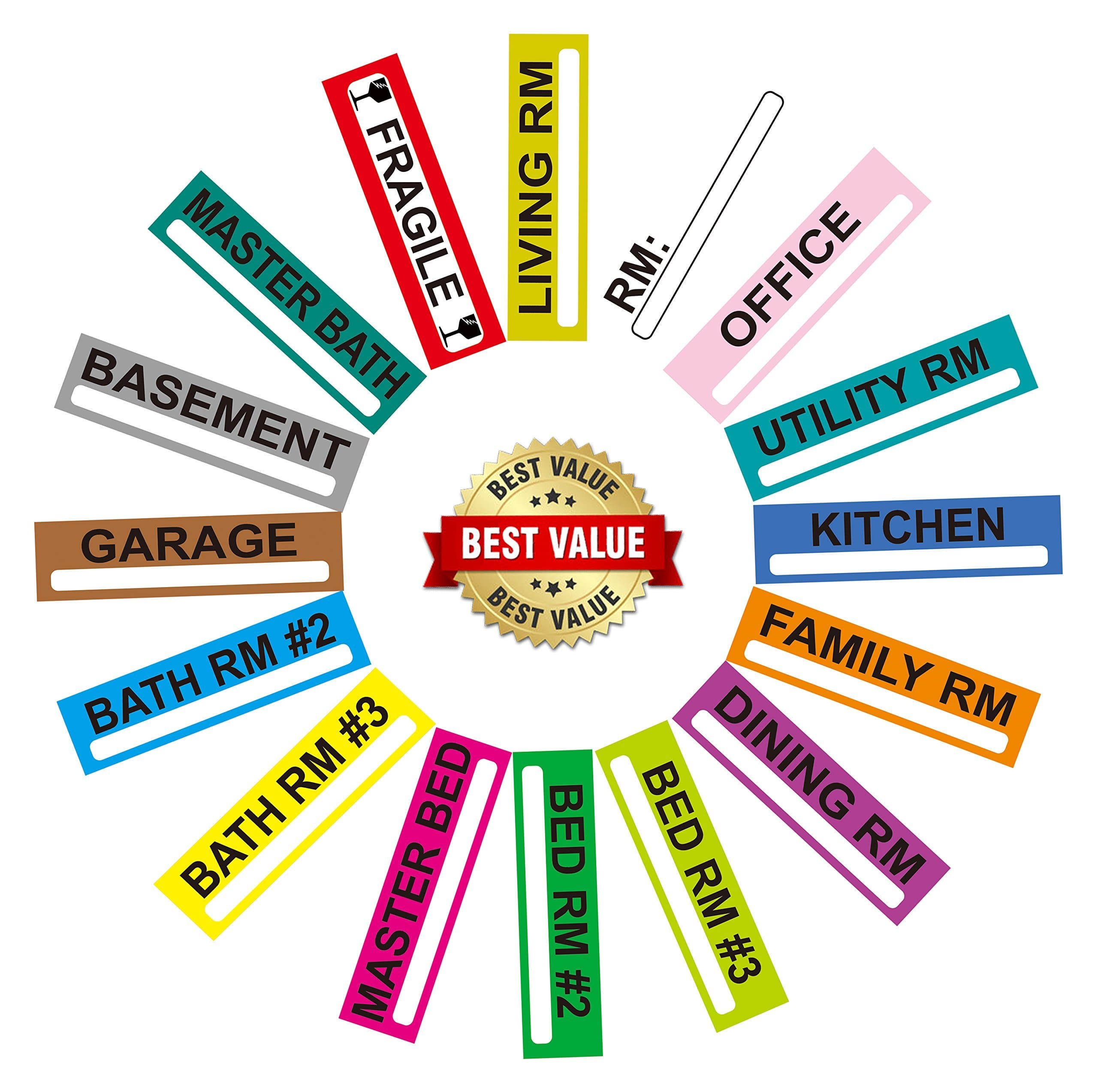 Large Home Moving Labels Set | 200 Color Coded Room 5-Bedroom Box Stickers with Custom Fragile Stickers | 1.2" x 4.5" Size | Packing Moving Supplies with Blank Space for Customized Details